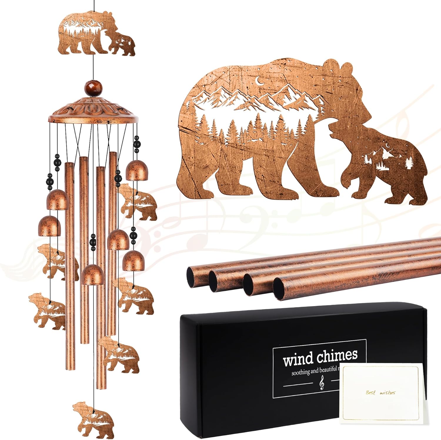 Bear Wind Chimes for Outside, Bear Gifts for Men Women Nature Lovers Metal Windchimes Outdoors, Mountain Forest Wildlife Design Home Garden Patio Yard Decor