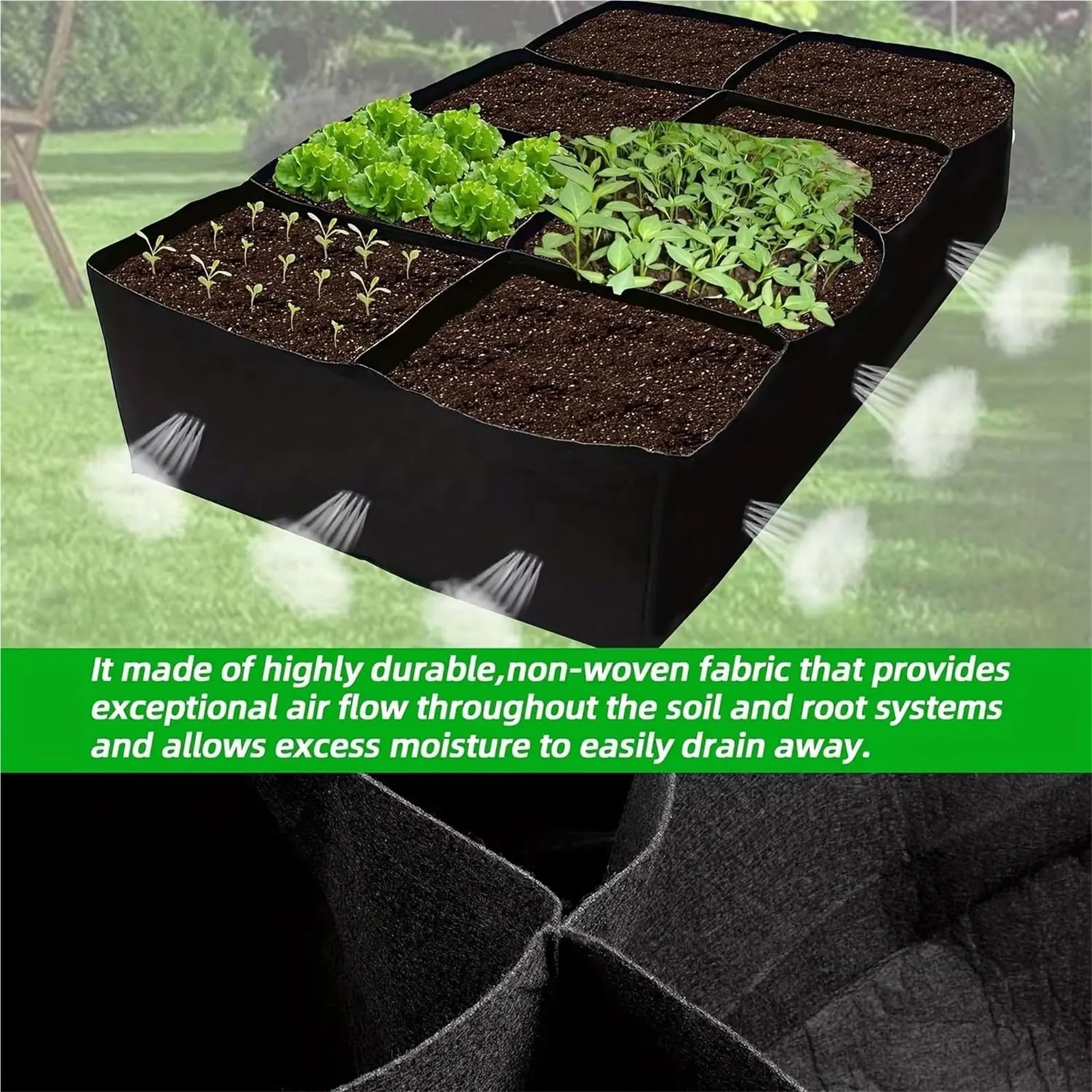 Grand Sac de Culture Lit de Jardin surélevé en Tissu à 8 grilles 180x90x30cm pour Jardin