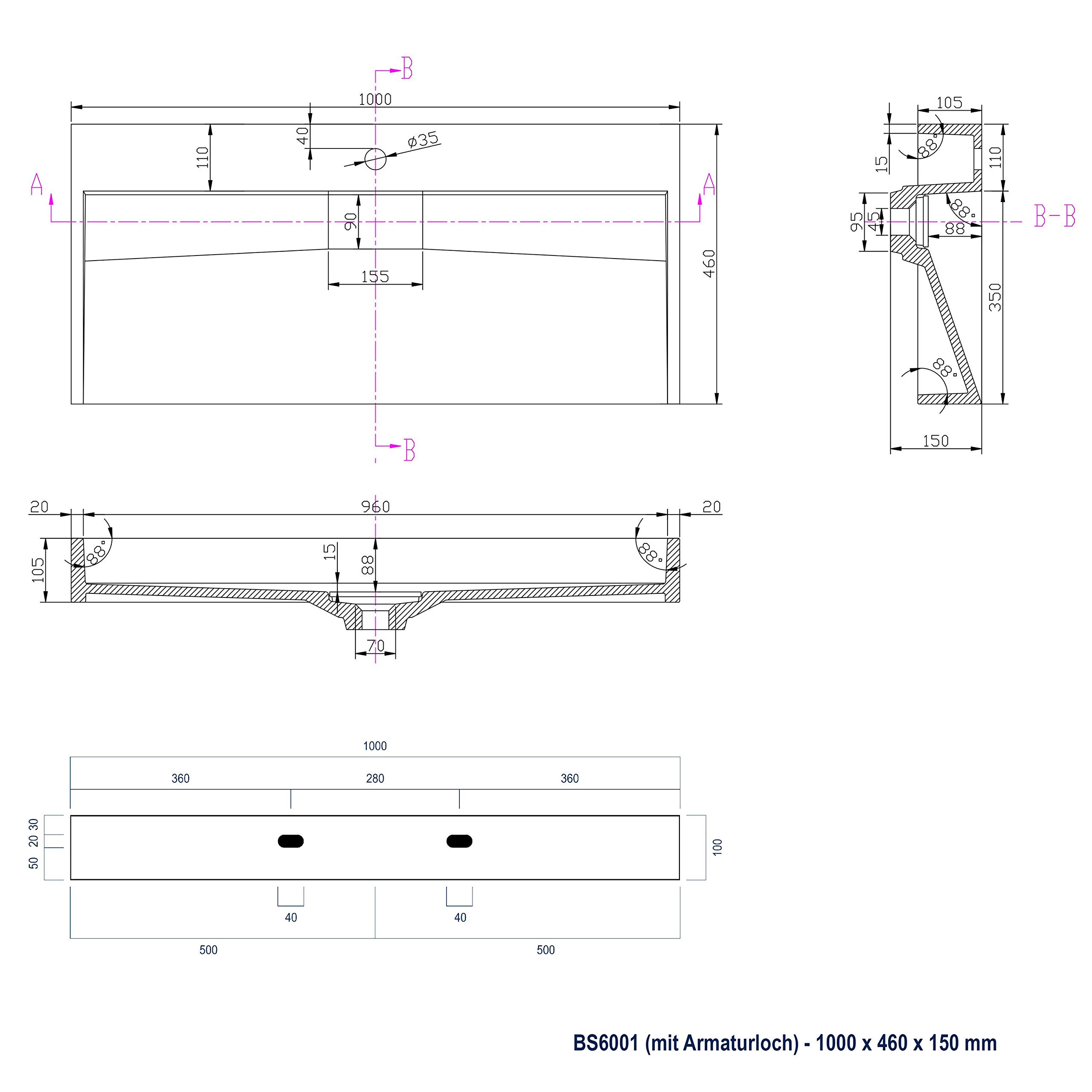 Lavabo sospeso o da appoggio in marmo artificiale BS6001 - bianco - 70cm / 100cm / 120cm, Larghezza:120cm - senza preforatura