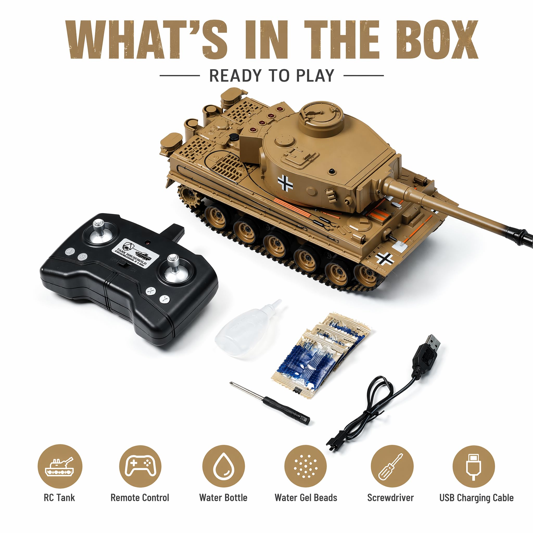 Tanque RC Tiger WWII 1:22 – Infrarrojos Disparo Agua Humo Sonido LED 2.4GHz | Tanque Teledirigido Militar Juguete Regalo Niño 8 Años Combate