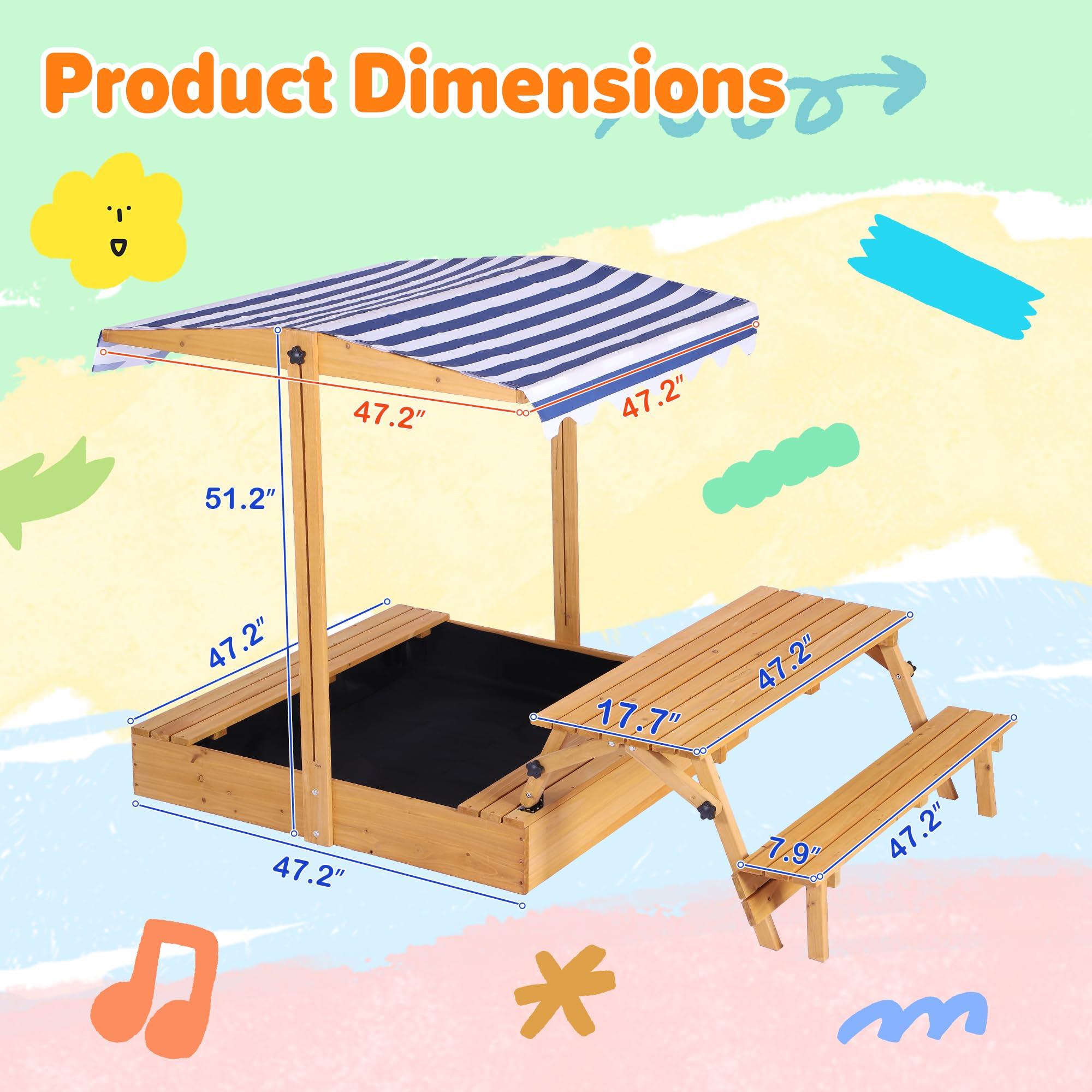 TITIMO Kids Wooden Sandbox with Adjustable Canopy, Large Sand Pit with Foldable Picnic Table, Outdoor Sand Box with Lid and Upgrade Retractable Roof, Children Outdoor Wooden Playset for Backyard