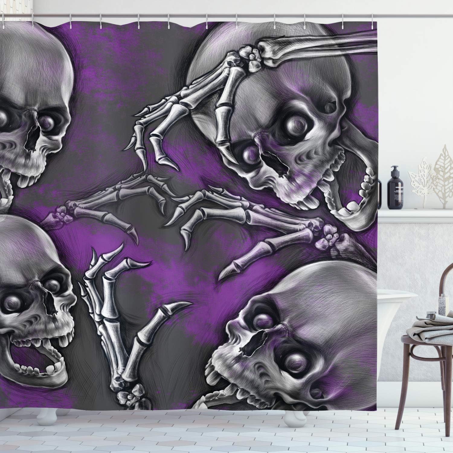 Ambesonne Skull Shower Curtain, Scary Creepy Spooky Happy Smiling Skeleton with Boned Hand Artwork Print, Cloth Fabric Bathroom Decor Set with Hooks, 69" W x 70" L, Purple Grey