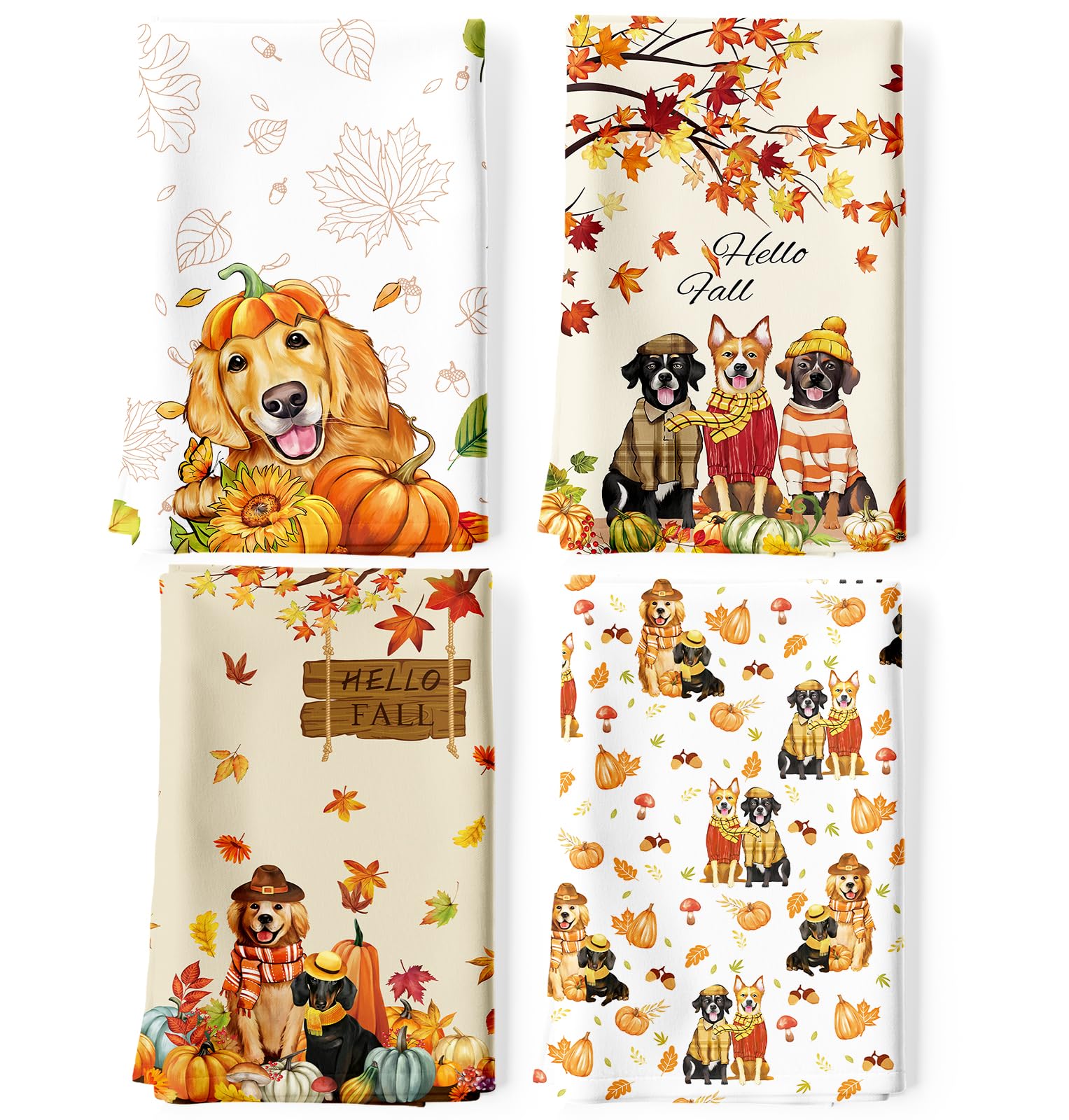 Arquiel Autumn Pumpkin Tea Towels, 100% Cotton Kitchen Towel, Set of 4