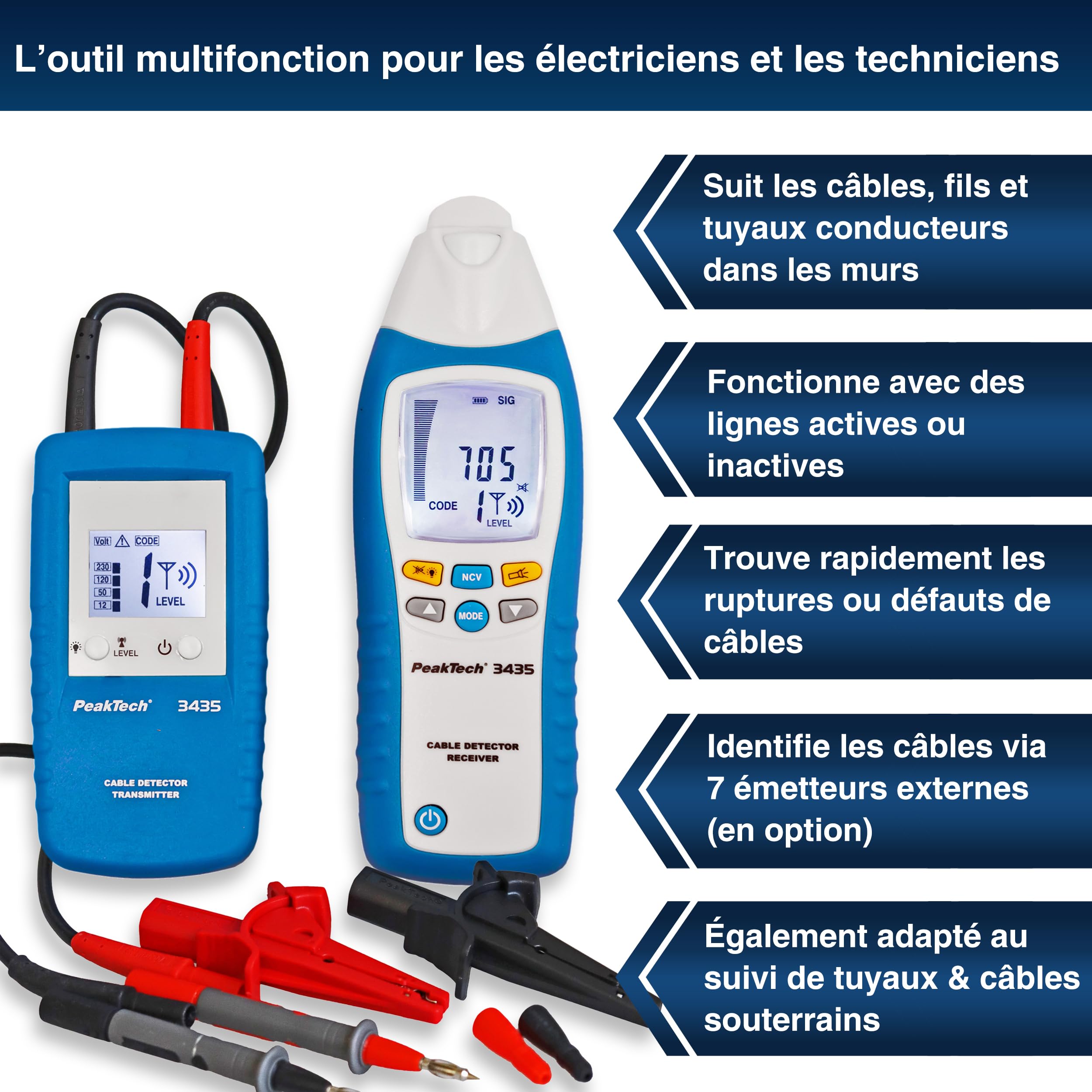 PeakTech 3435 - Détecteur de Câbles avec Émetteur et Récepteur, Voltmètre, Détecte les Courts-Circuits, Fusibles, Tuyauteries, y Compris dans les Murs, Plafonds et Sols - jusqu'à 2m de Distance