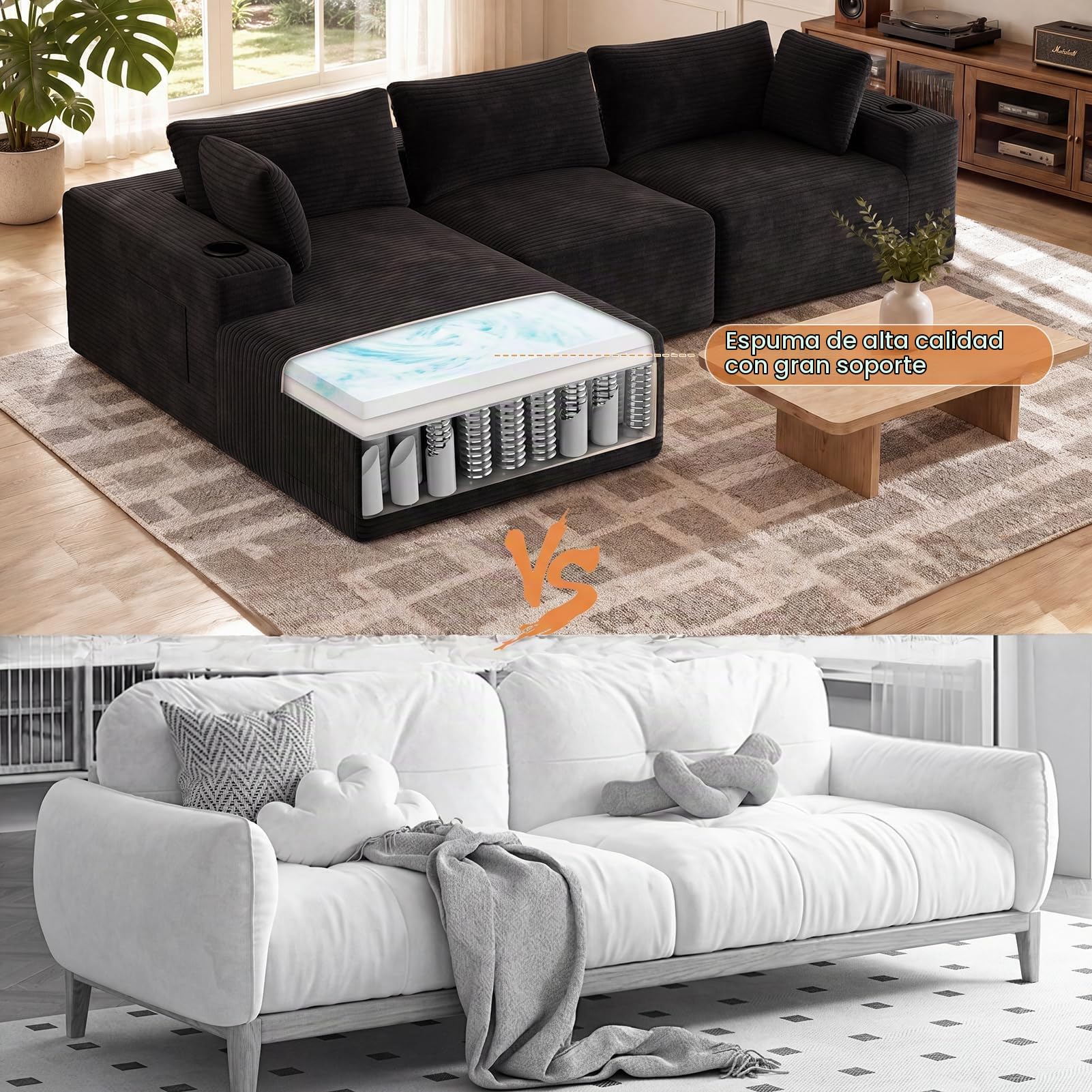 HAUSPROFI Sofá esquinero con función de Dormir, Modular en Forma de L con Funda de Pana – 3 plazas con Recamiere, se Puede Utilizar como sofá Cama de 2 plazas, Embalaje al vacío