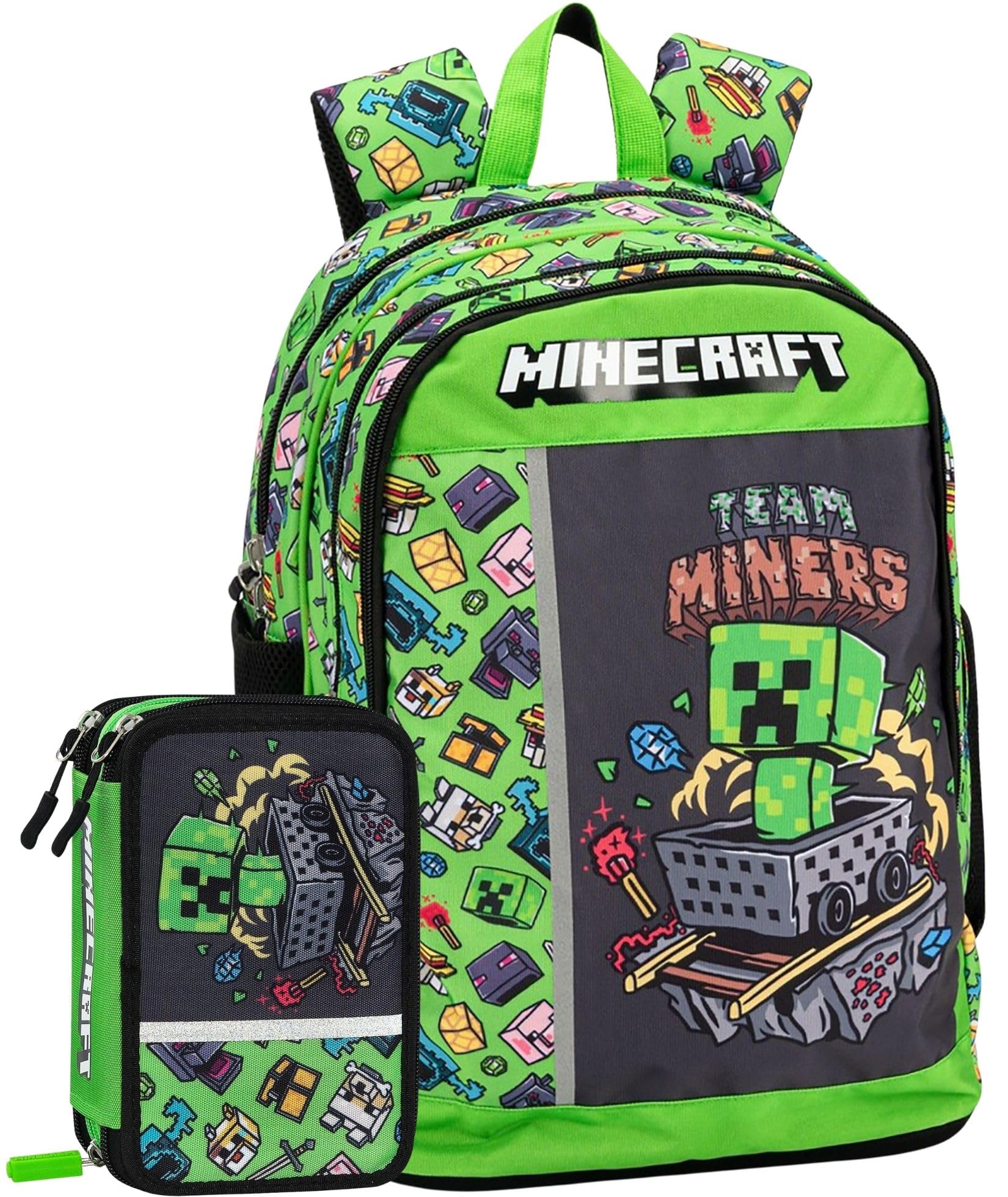 2-częściowy zestaw szkolny dla fanów Minecraft plecak szkolny dla dzieci + piórnik 3 pełne przegródki (45 akcesoriów) - zestaw szkolny Mascots