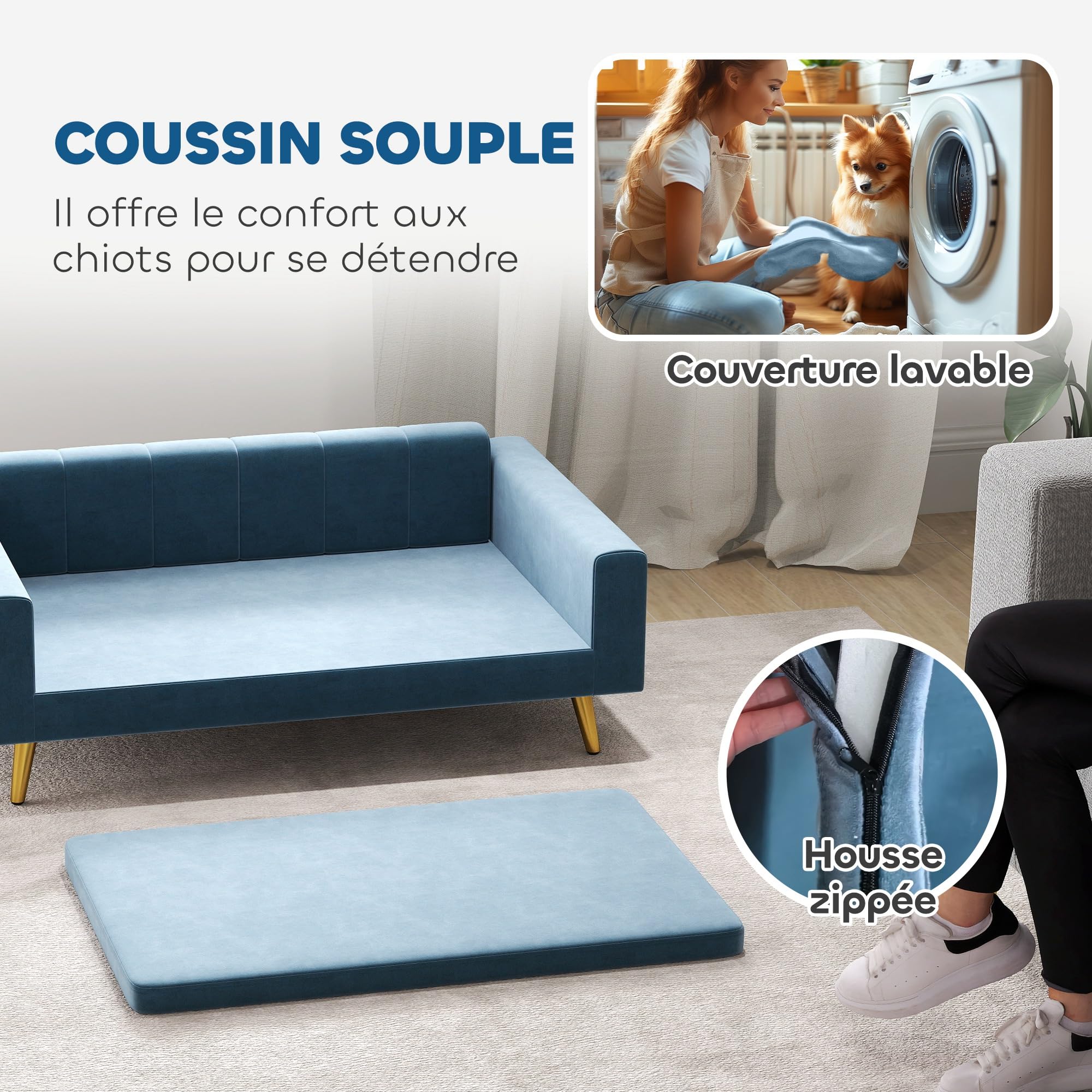 PawHut Canapé Chien, lit pour Chien, revêtement en Velours Soyeux, 94 x 59,5 x 31,5 cm, Design scandinave, canapé pour Chien sur Pied, avec Coussin Moelleux, Pieds en Acier Inoxydable, Bleu