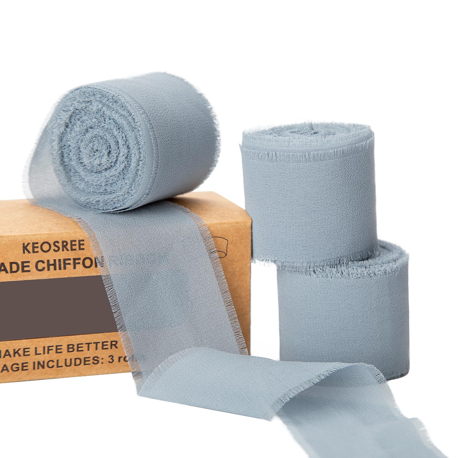 3 Rolls Dusty Blue Handmade Chiffon Ribbon,1.5" x 21Yd Frayed Fringe Silk Ribbons (3 Rolls *7Yd) for Gifts Wrapping, Wedding Invitations, Bridal Bouquets, Decorations