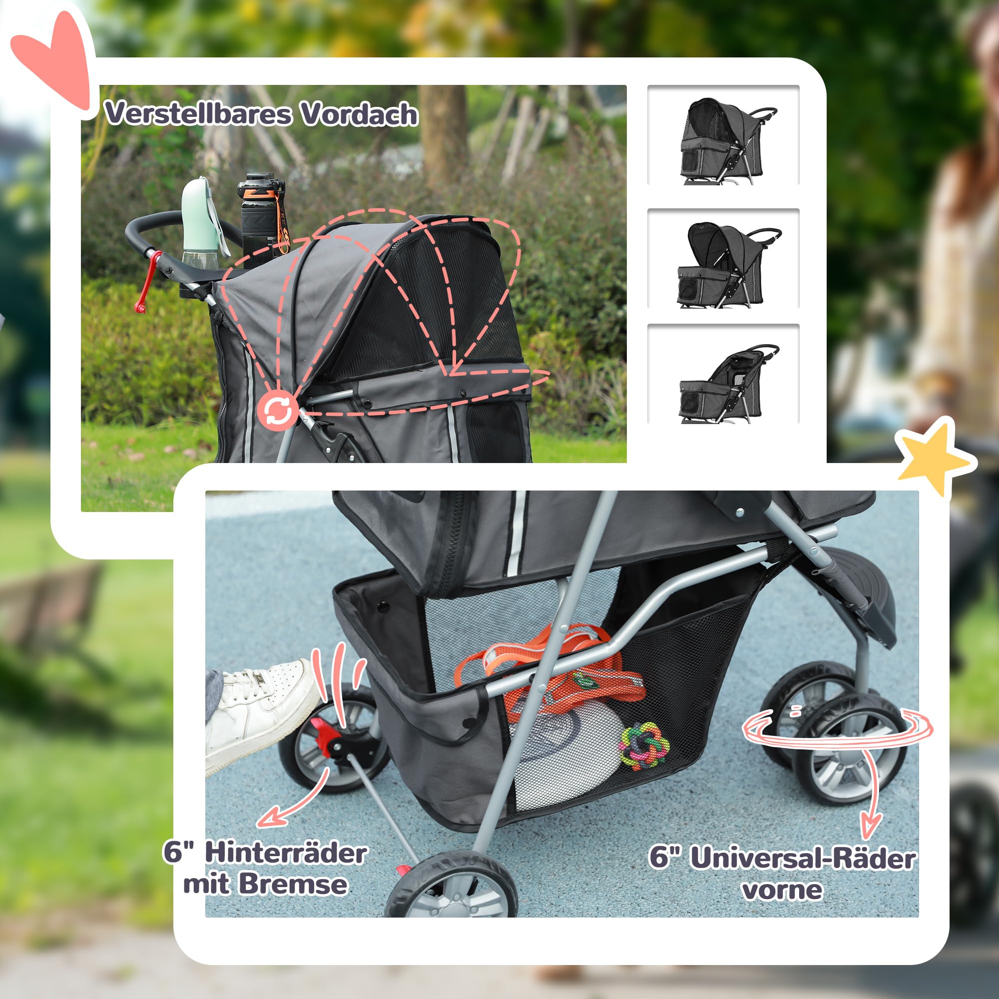 PawHut Hundewagen Hundebuggy klappbar für Hunde & Katzen bis 10 kg Katzenbuggy mit Kissen Netzfenstern Getränkehalter Aufbewahrungstasche Katzenwagen Buggy Dunkelgrau