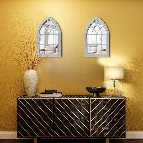 Miniatura 5 de ZEXUIRU Espejo de pared con marco de madera para ventana, 2 piezas, espejo rústico de granja, espejo de entrada con marco de madera para sala de