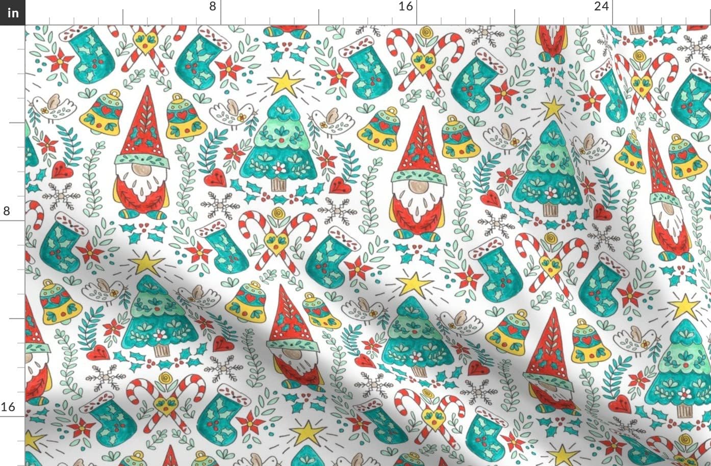 Spoonflower Fabric - Folk Tree Christmas Swedish Scandinavian Art Gnome Holiday Candy Holly Printed on Organic Cotton Sateen Fabric by The Yard - Sewing Quilting Apparel Home Decor