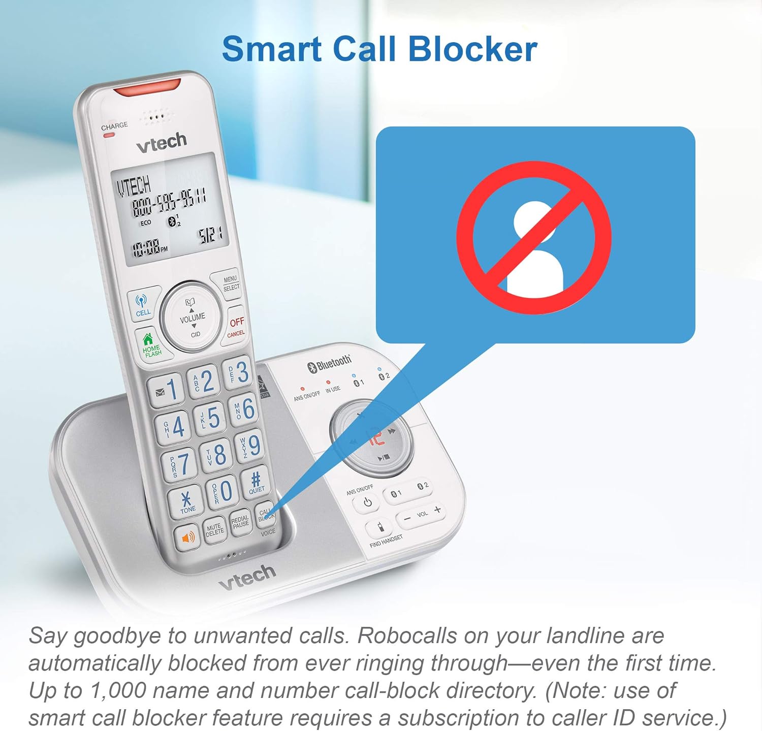 VTech phone base unit with a red circle and line through a person icon, indicating call blocking