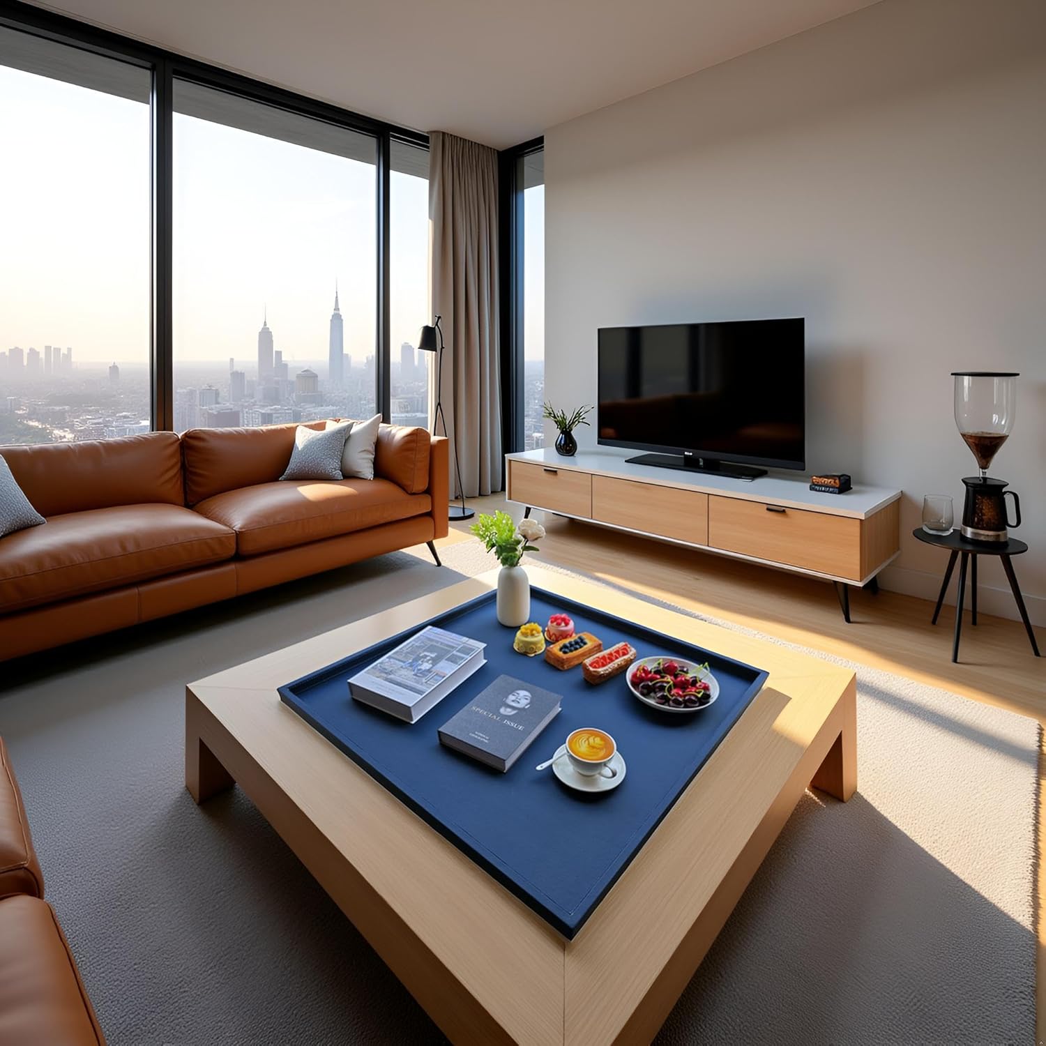 30 * 30 Inch Rectangular Ottoman Tray | Textured PU Leather, Waterproof & Heat-Resistant Storage for Coffee/Dining Tables, Sofa, Bed, Entertainment & Party (Navy Blue, 30 * 30in) - Image 2