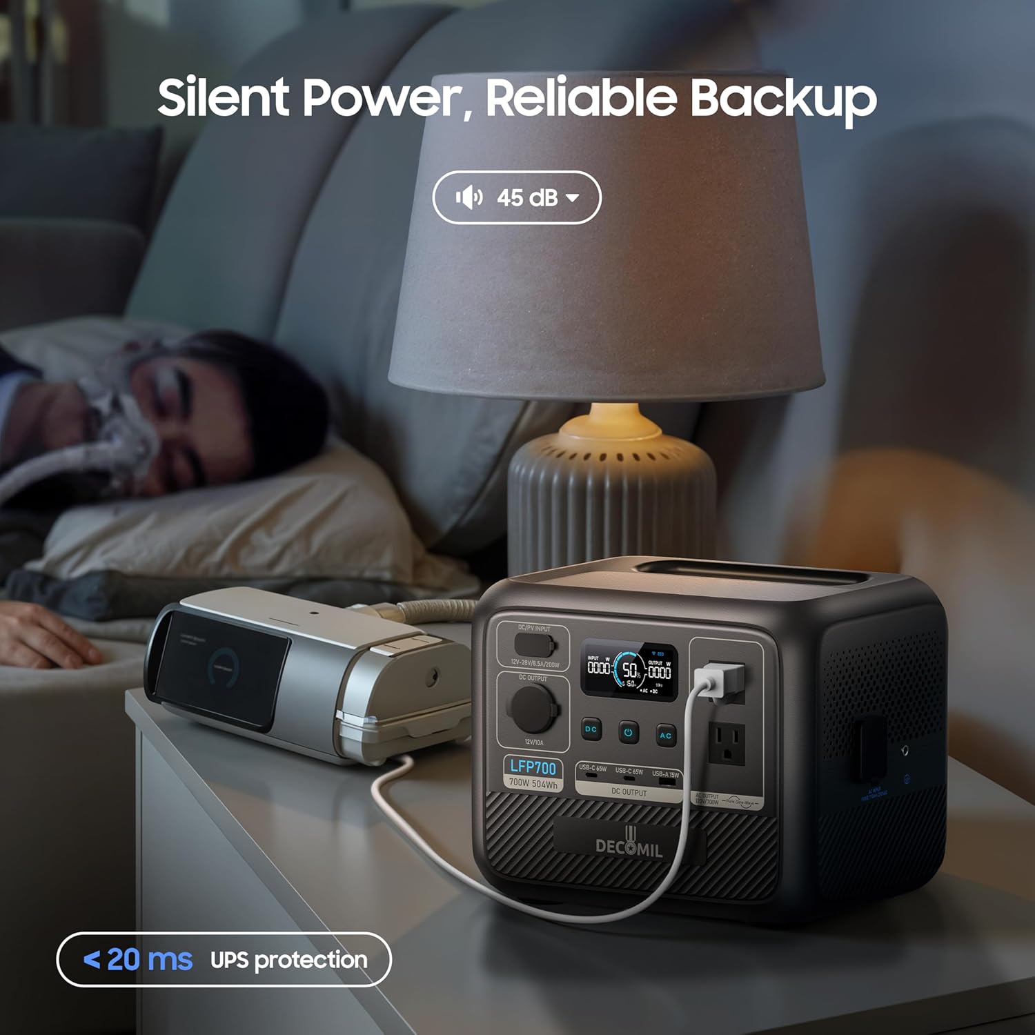 DECOMIL LFP700 Portable Power Station, 504Wh LiFePO4 Battery, 700W AC Output (1200W Peak), Wireless Charging, 80% in 50 Min, Solar Generator for Camping, Emergency, Home Backup (Solar Optional)