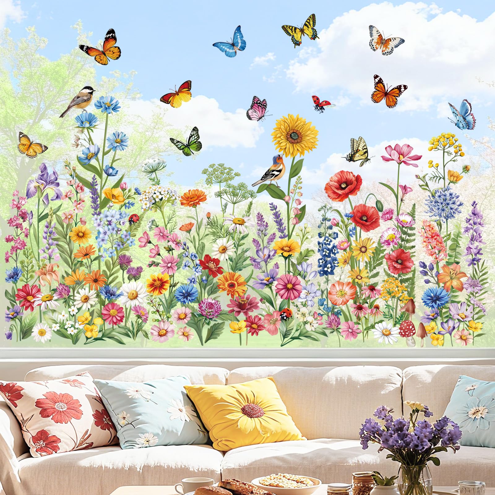decalmile Autocollants Fenêtre Fleur de Jardin Printemps Été Anti-Collision Stickers Floral Sauvage Papillon Tournesol Stickers Vitre Anti-Adhésifs Fenêtre Porte Cuisine Décalques