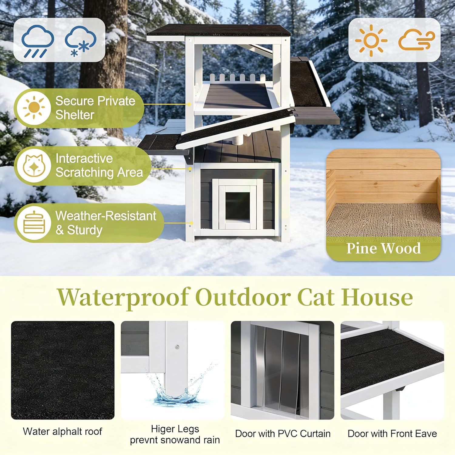 4 Tiers Outdoor Cat House Weatherproof Cat Tree Tower with Waterproof Roof and 2 Doors, Feral Cat Shelter Outside Enclosure, Multi-Level Play Zones for Small Animals, Grey & White