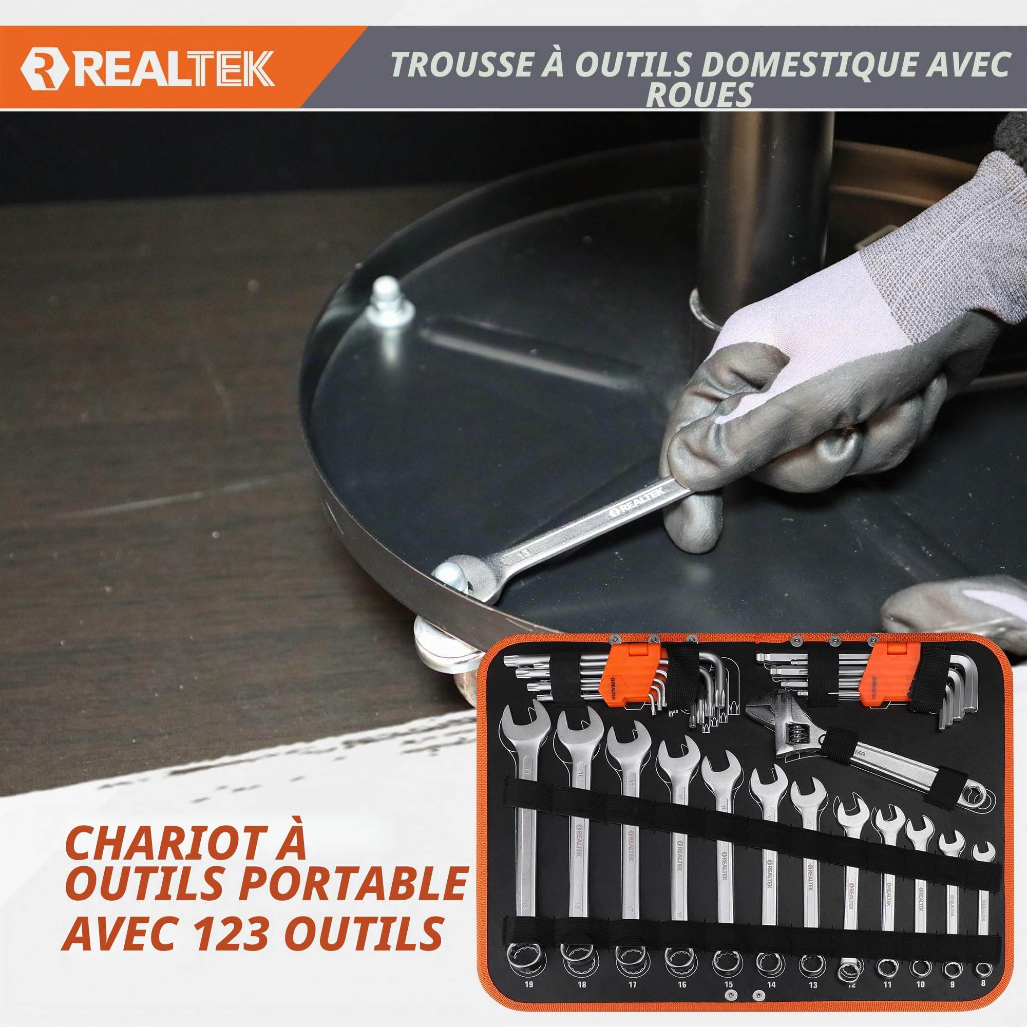 REALTEK Malette Outils, Caisse à Outils Complete 123 pièces, Boite a Outils | Portables, pour la Maison Avec Ensemble de Clés à Douille, Set tournevis, marteau, clés de serrage, et autres accessoires