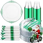 Hioasis 175pcs Clear Green Plastic Plates - Elegant Disposable Dinnerware Set Suitable for 25 Guests Include 10.25 Dinner & 7.5 Dessert Plates, Pre Rolled Silverware Set, Cups for Party & Christmas