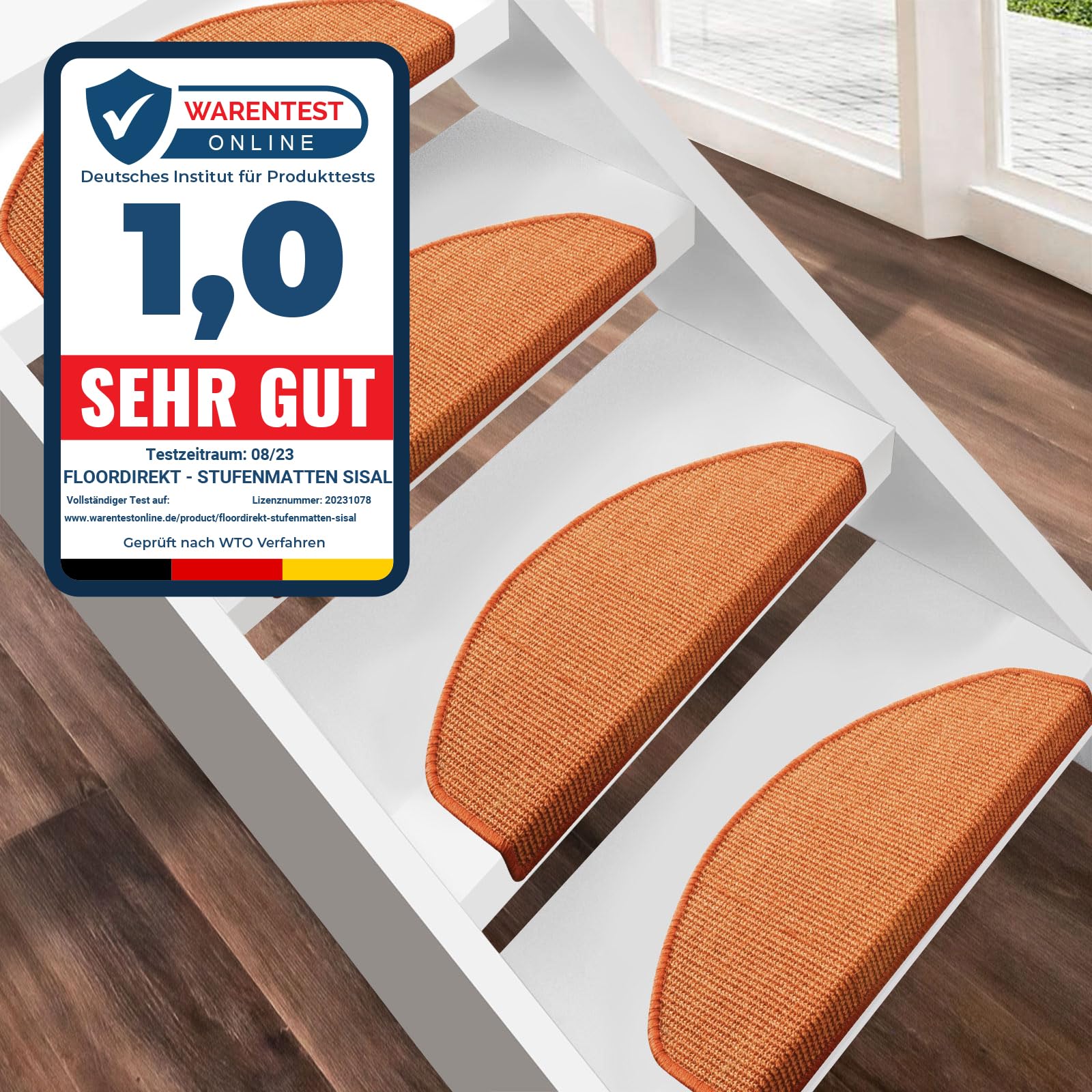 Floordirekt 15 x Teppich Stufenmatten Treppenstufen | 100% Sisal | wohnlichen Farben | rutschsicher für Mensch und Tier (Maße ca. 64 x 23,5 cm)