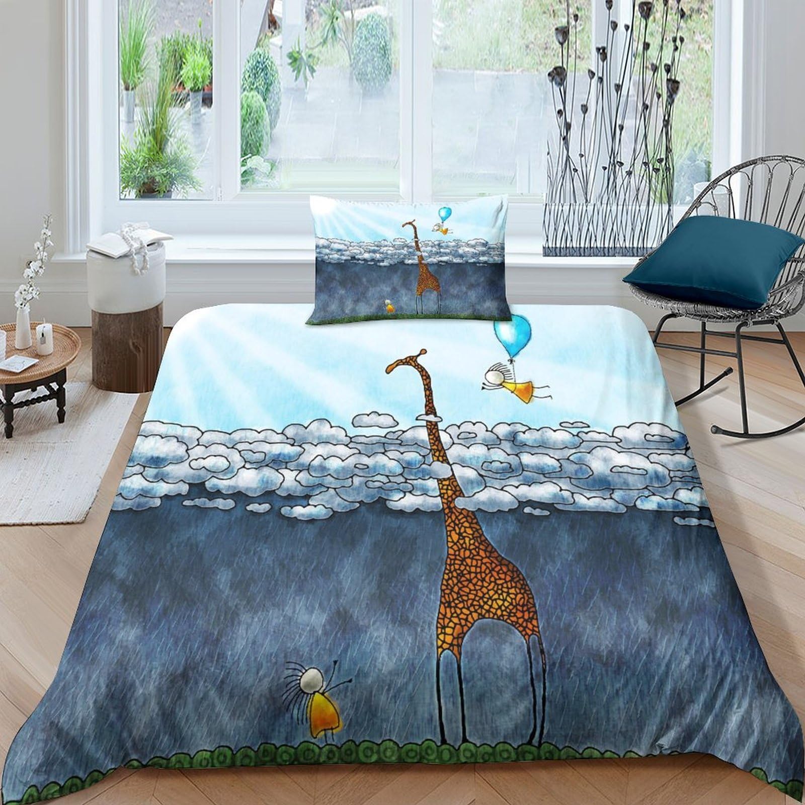 Parure de lit girafe 3D avec housse de couette en microfibre et taies d'oreiller pour lit single