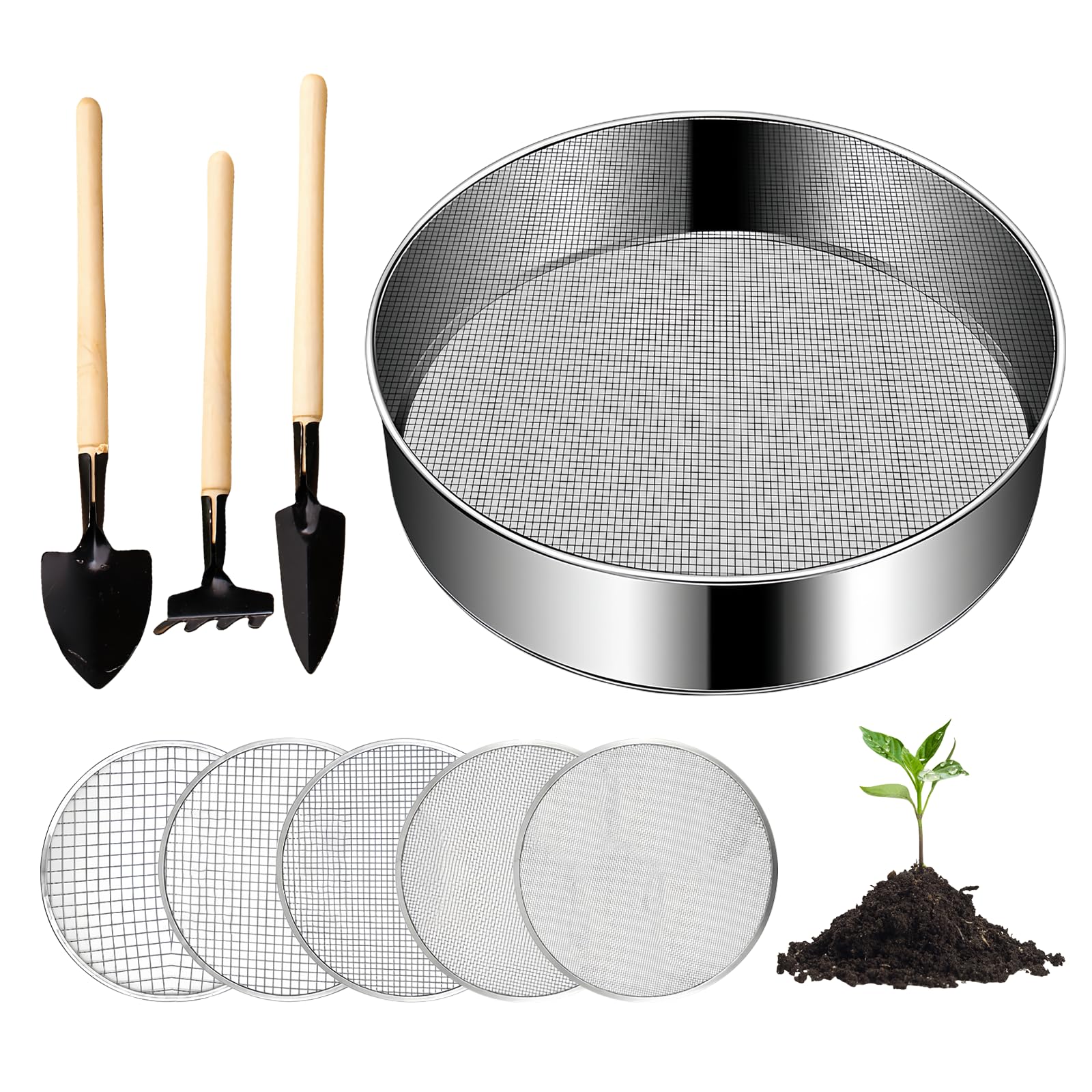 Tamis De Jardin Rond,20 Cm Tamis De Jardin En Acier Inoxydable Avec 5 Tailles De Tamis Interchangeables 3/6/9/10/12 MM Et Une Pelle,Tamis A Compost En Acier Inoxydable,Tamis De Jardinage Pour Terre