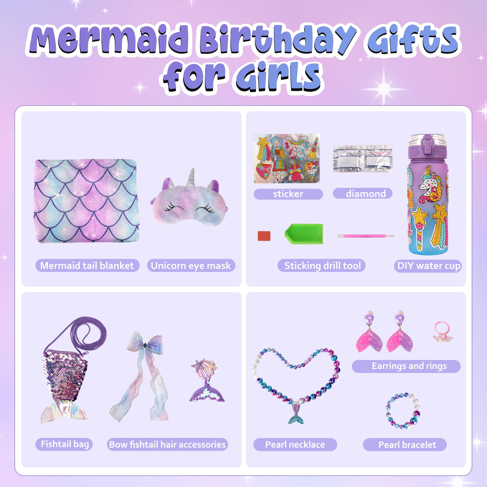 Runeaoys Meerjungfrauenschwanz-Decke für Mädchen, Valentinstag, Ostern, Geschenke für Mädchen, Geburtstag, Diamant-Kunst-Kits mit Halskette, Armband, Ring, Ohrringen, Wasserflasche