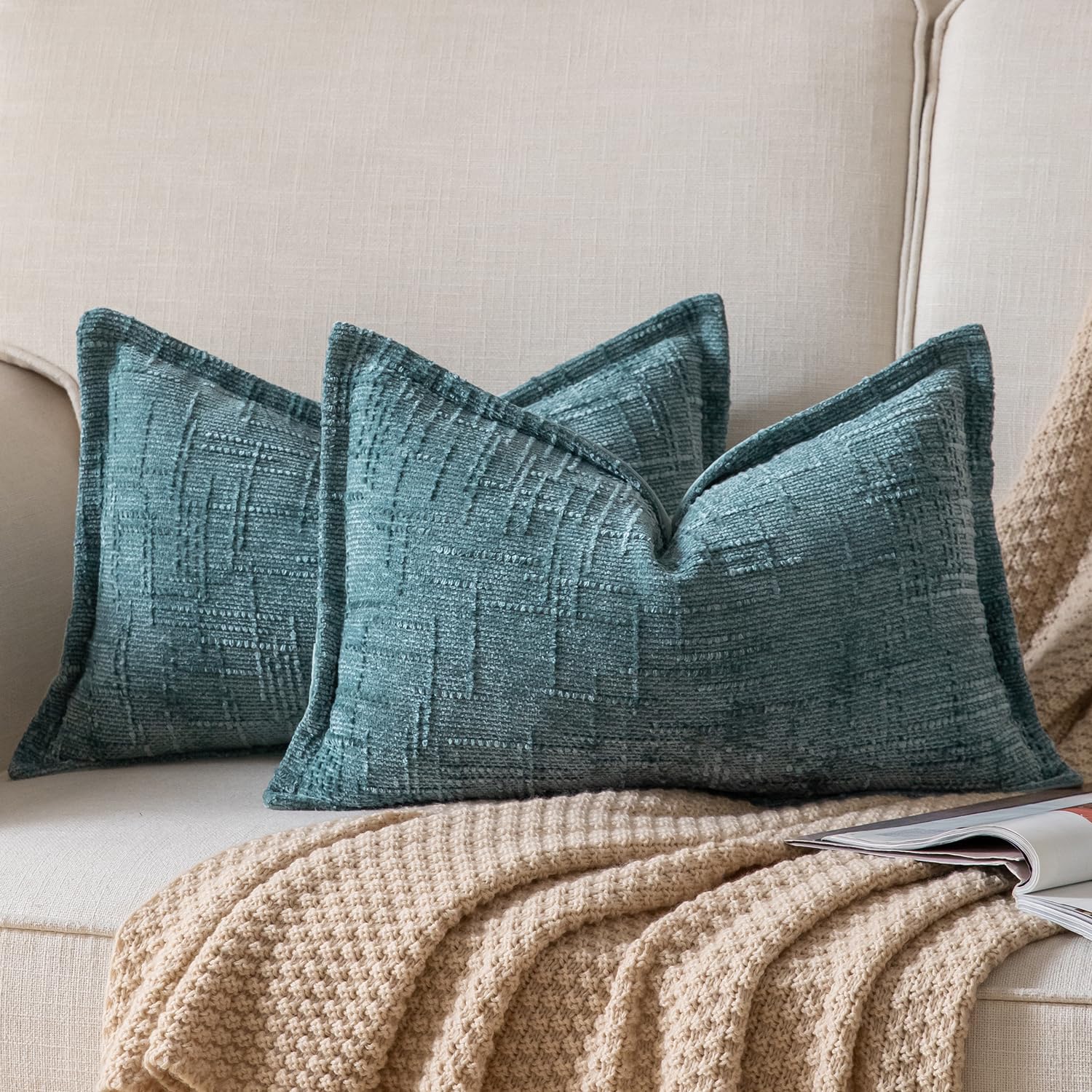 YAERTUN Chenille Cushion Covers 30x50 cm 12x20 inch Set of 2 Textured Broadside Soft Cozy Velvet Throw Pillow covers Farmhouse Boho Decorative Pillow Cases for Couch Bed Sofa Livingroom Teal
