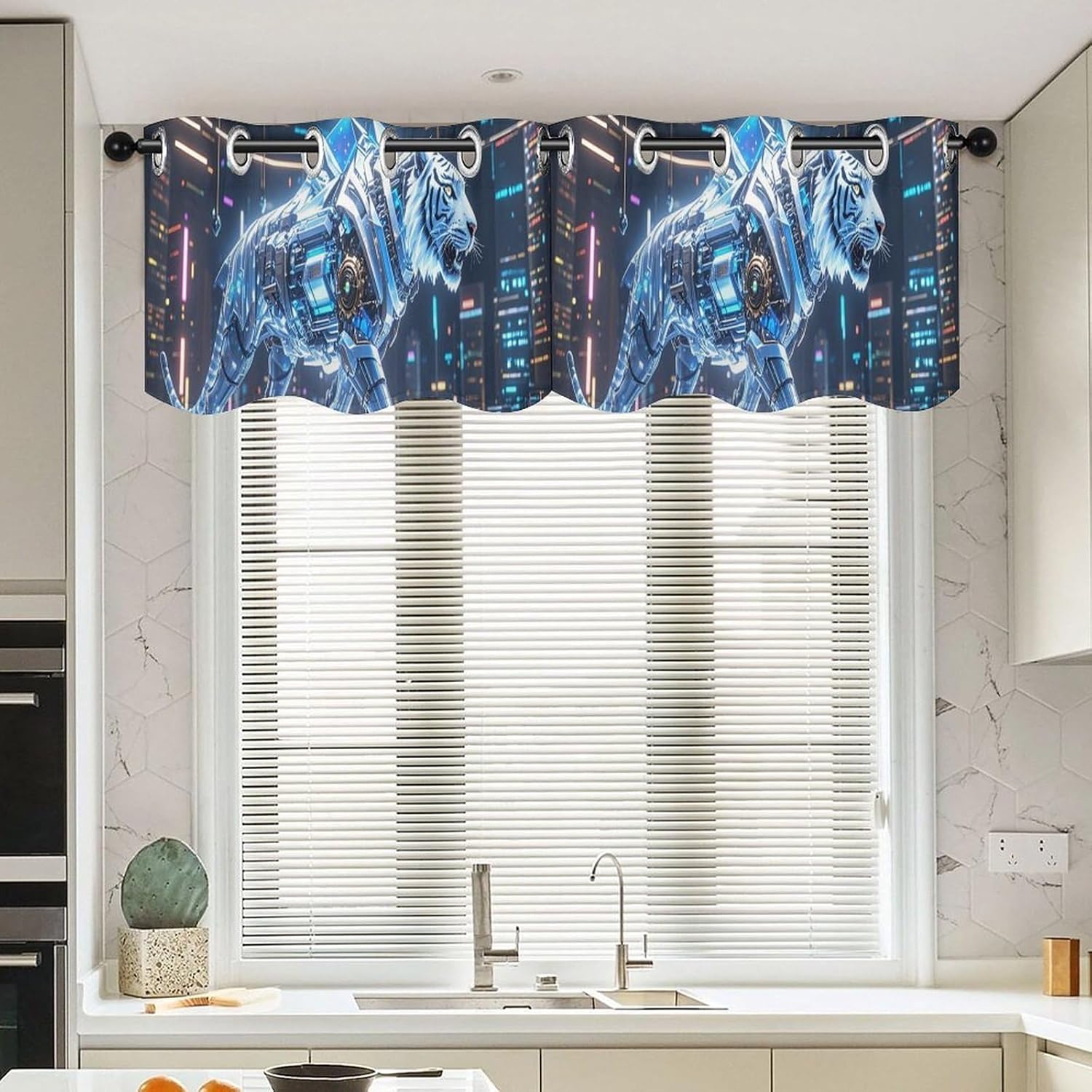 Mechanical Tiger Valance for Windows, 2 Pack Kitchen Curtains Modern Home Decor, Soft Blackout Window Curtains for Living Room & Bedroom, 18 X 52 Inch