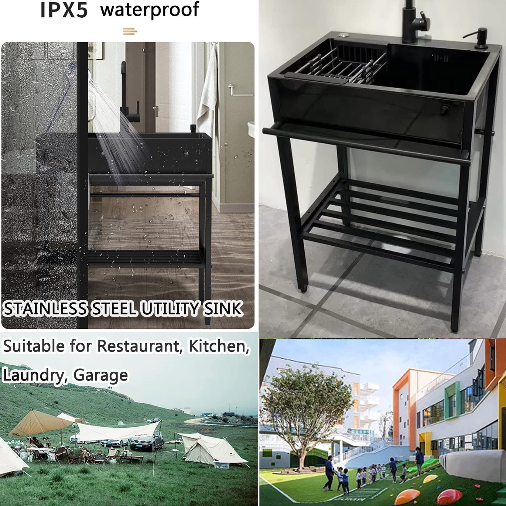 Lavello Cucina Nero con 1 vasca,60x45x86cm Lavandino in Acciaio Inox con Scolapiatti,Lavabo di Utilità con Rubinetto,Lavelli Commerciale Autoportante,Lavatoio da Giardino Campeggio,per Interni Esterni