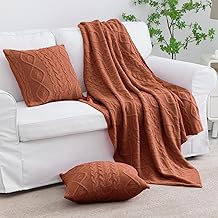 MILVOWOC Rust Throw Blanket and Pillow Covers Set, 50" x 60" Cable Knit Throw Blanket + 2 Pieces 18" x 18" Knitted Throw Pillowscase, Decorative Throw Blankets Knitted Blanket for Sofa Couch