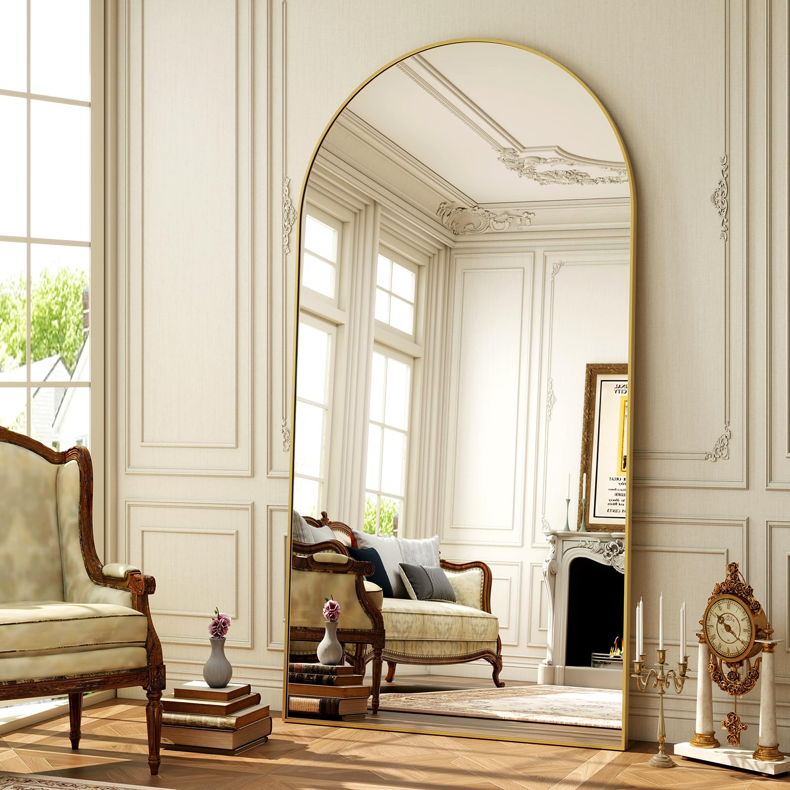 Koonmi Espejo de arco grande, espejo de pie, de cuerpo completo, con tapa curva, montaje en pared, para sala de estar, dorado, 76 x 171 cm