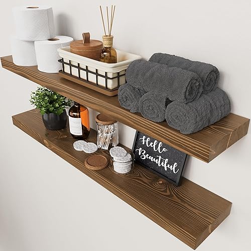 BAOBAB WORKSHOP Solid Wood Floating Shelves for Wall 36 Inches Long, Heavy Duty Wall Shelf for Bedroom 36 Inch Large, Real Wooden Bathroom Shelf Kitchen Rustic, Walnut Shelves, 36W × 6.7D, Set of 2