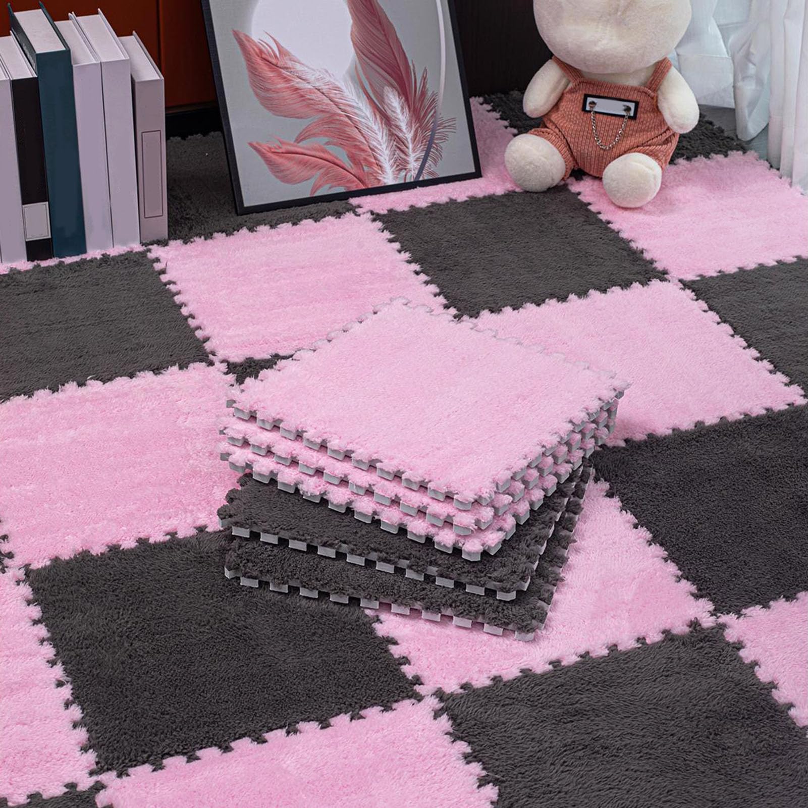 Dalles de sol en mousse emboîtables puzzle rose et gris 10 pcs