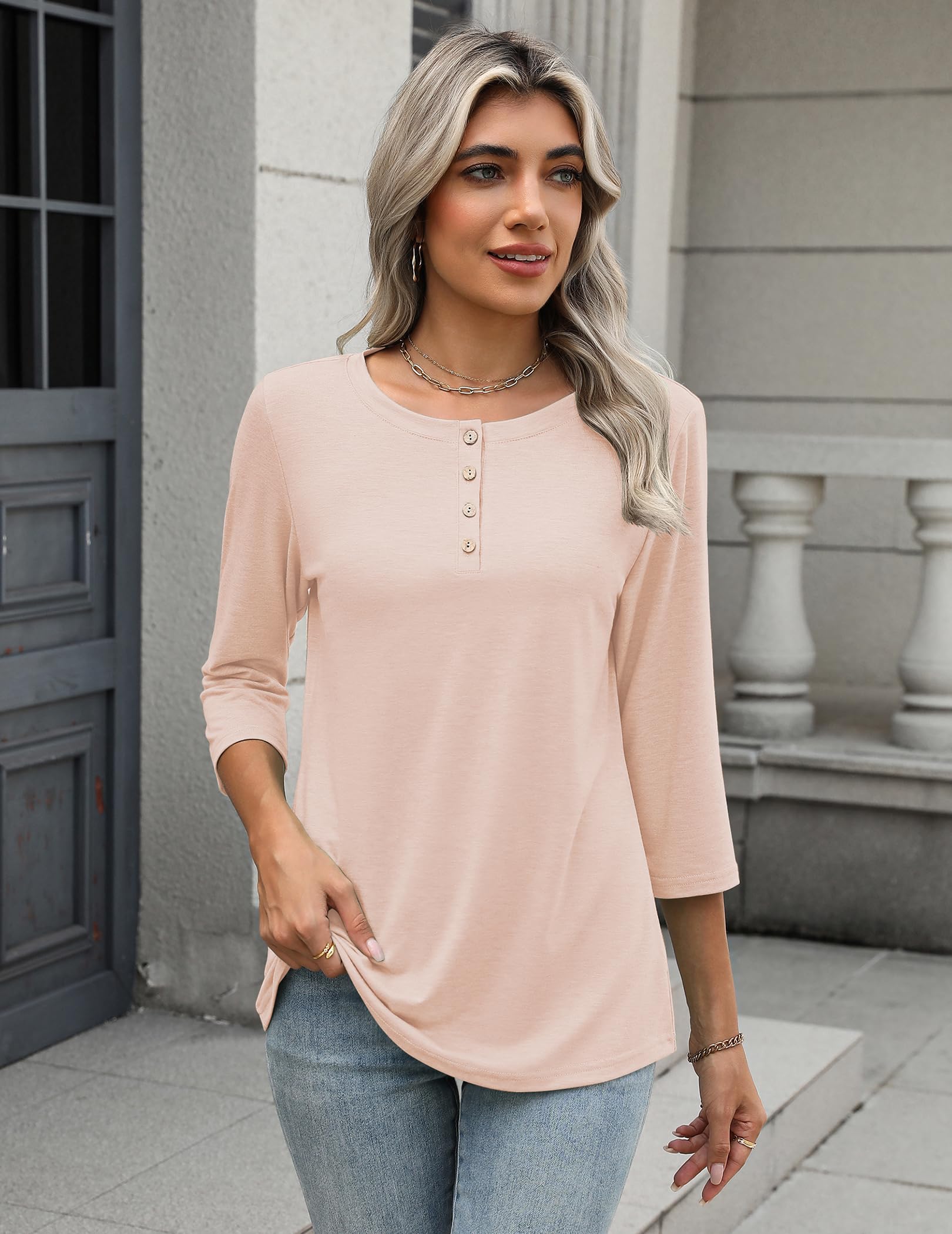 Zeagoo Womens Tops 3/4 Length Sleeve T Shirts Dressy Casual Button Down Blouses Spring Fall Clothes
