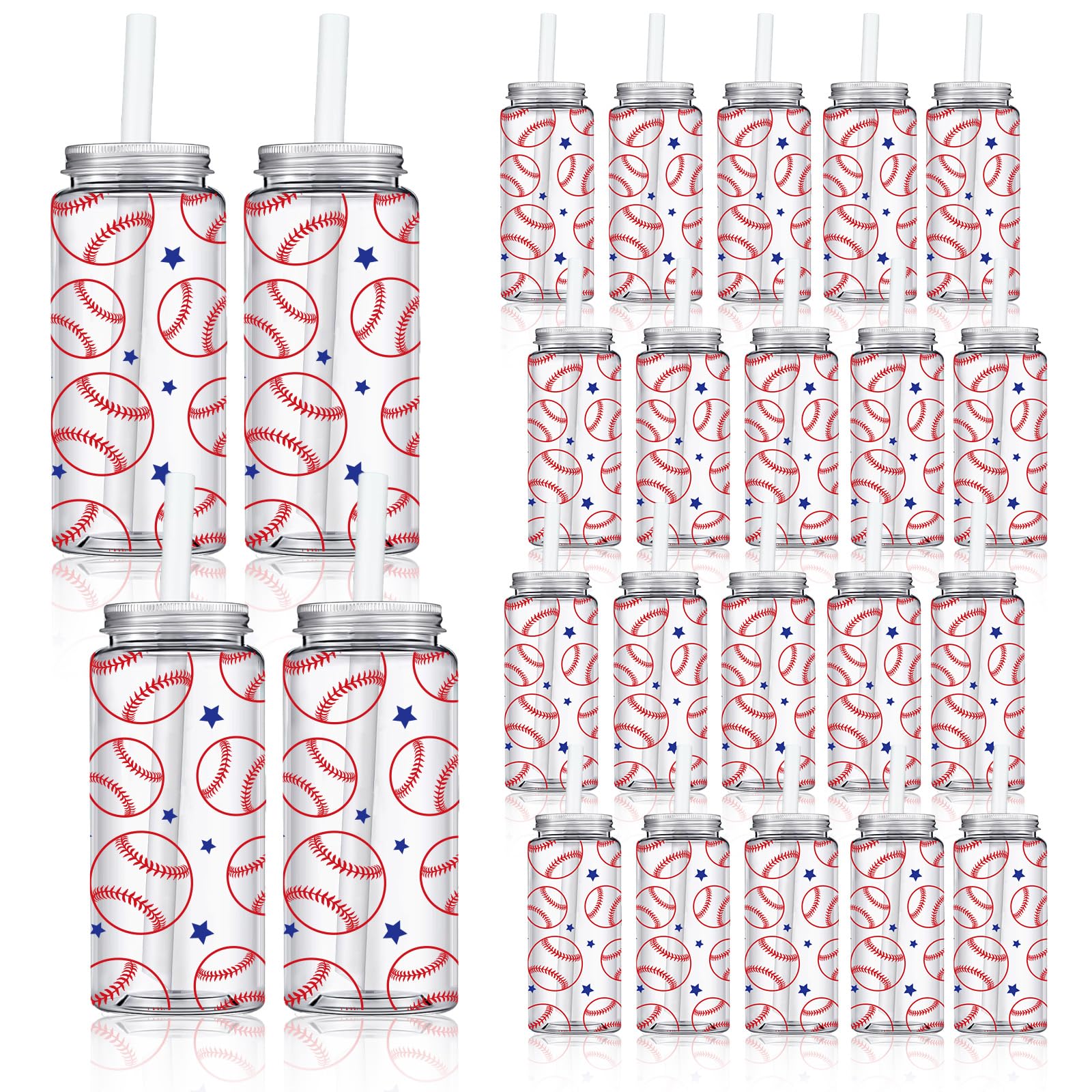 Whaline 20Pcs Baseball Plastic Cups with Lids and Straws Clear Sports Theme Party Drinking Cups 13.5oz Reusable Tumblers for Party Supplies