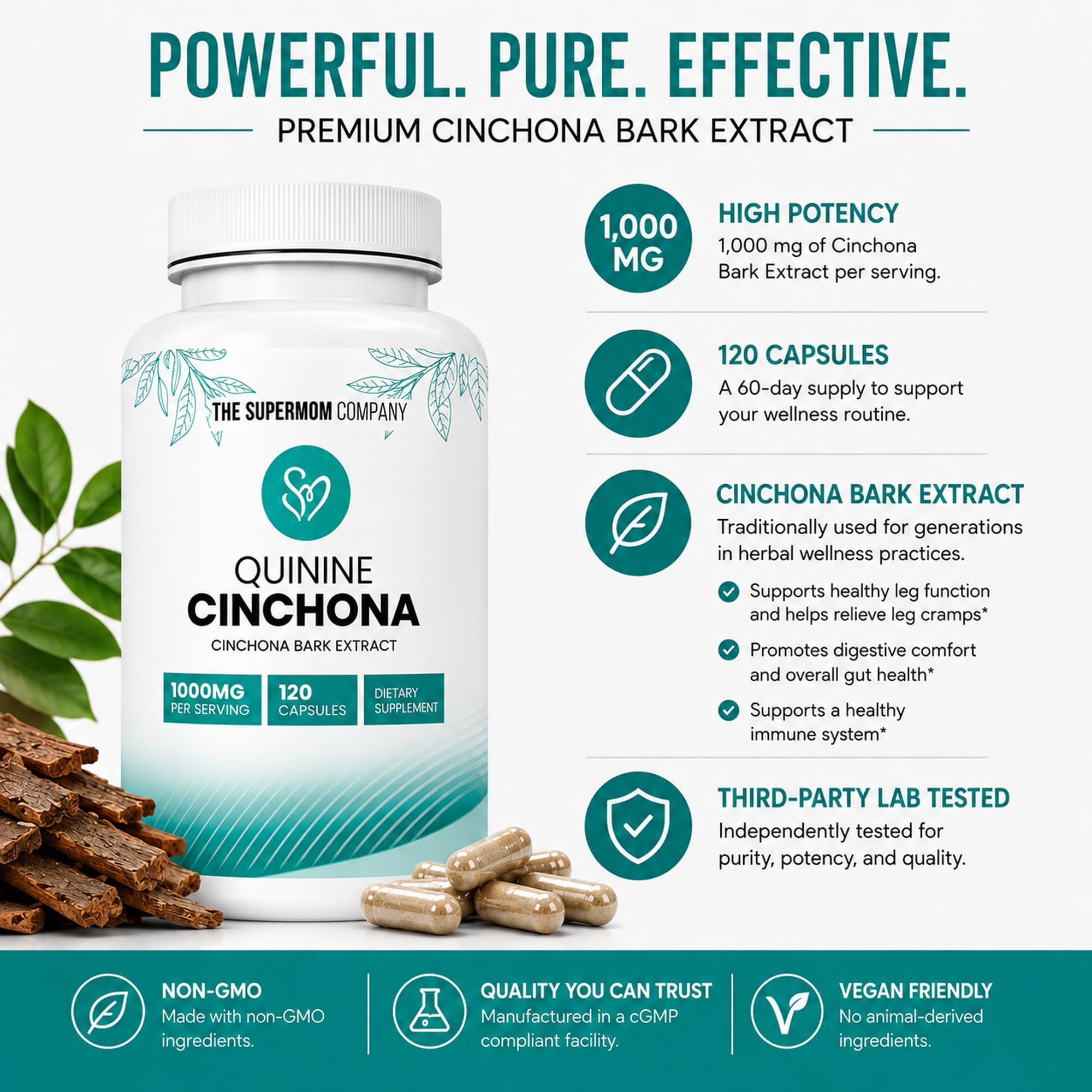 Quinine Cinchona Bark Extract 1000 mg – Herbal Supplement for Muscle & Leg Cramp Relief, Digestive Support & Immune Health – 120 Capsules, Non-GMO, Made in USA — Amazon image 7