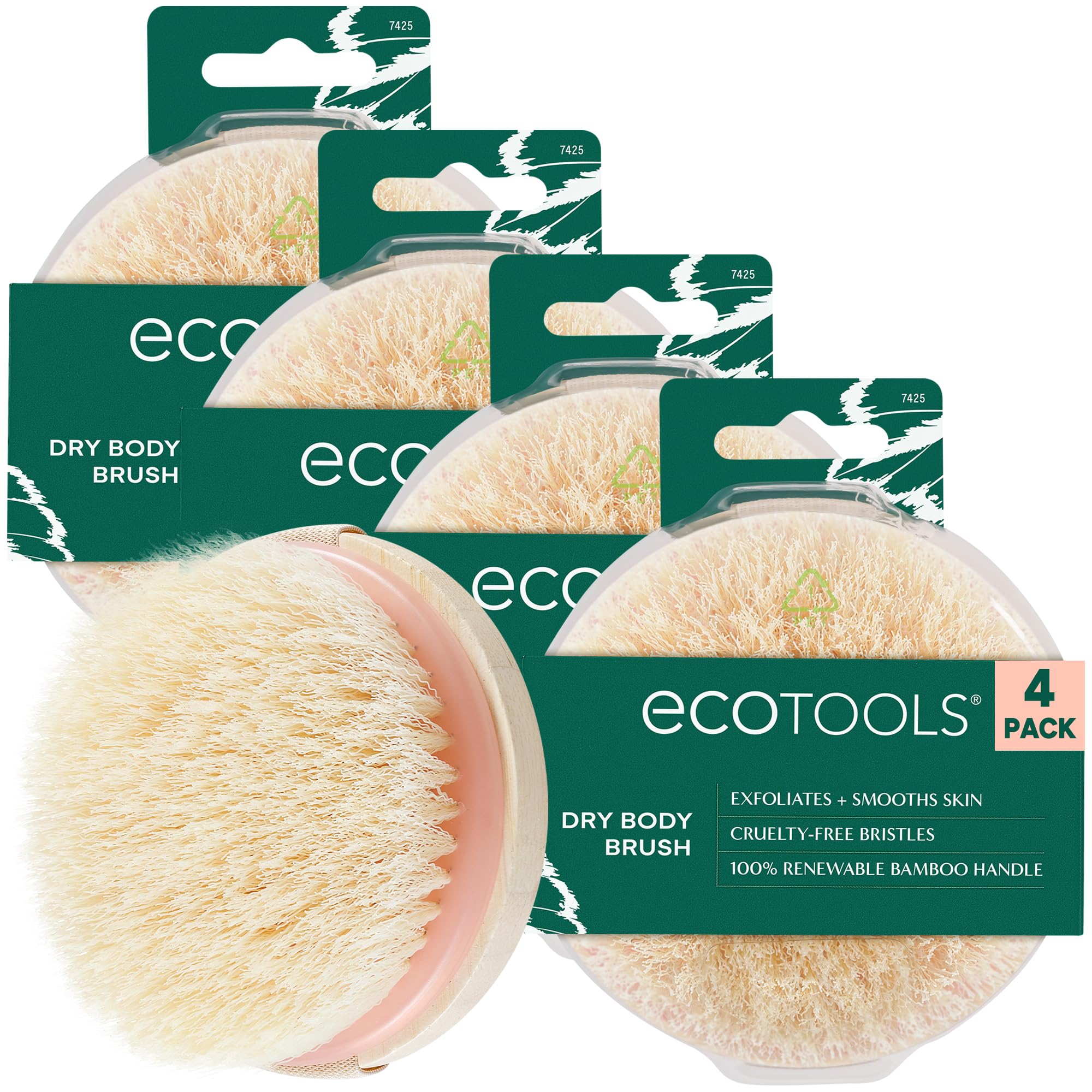 EcoTools Dry Body Brush 4-Pack – Exfoliating Body Scrubber for Dead Skin Removal, Cellulite Massage, Circulation