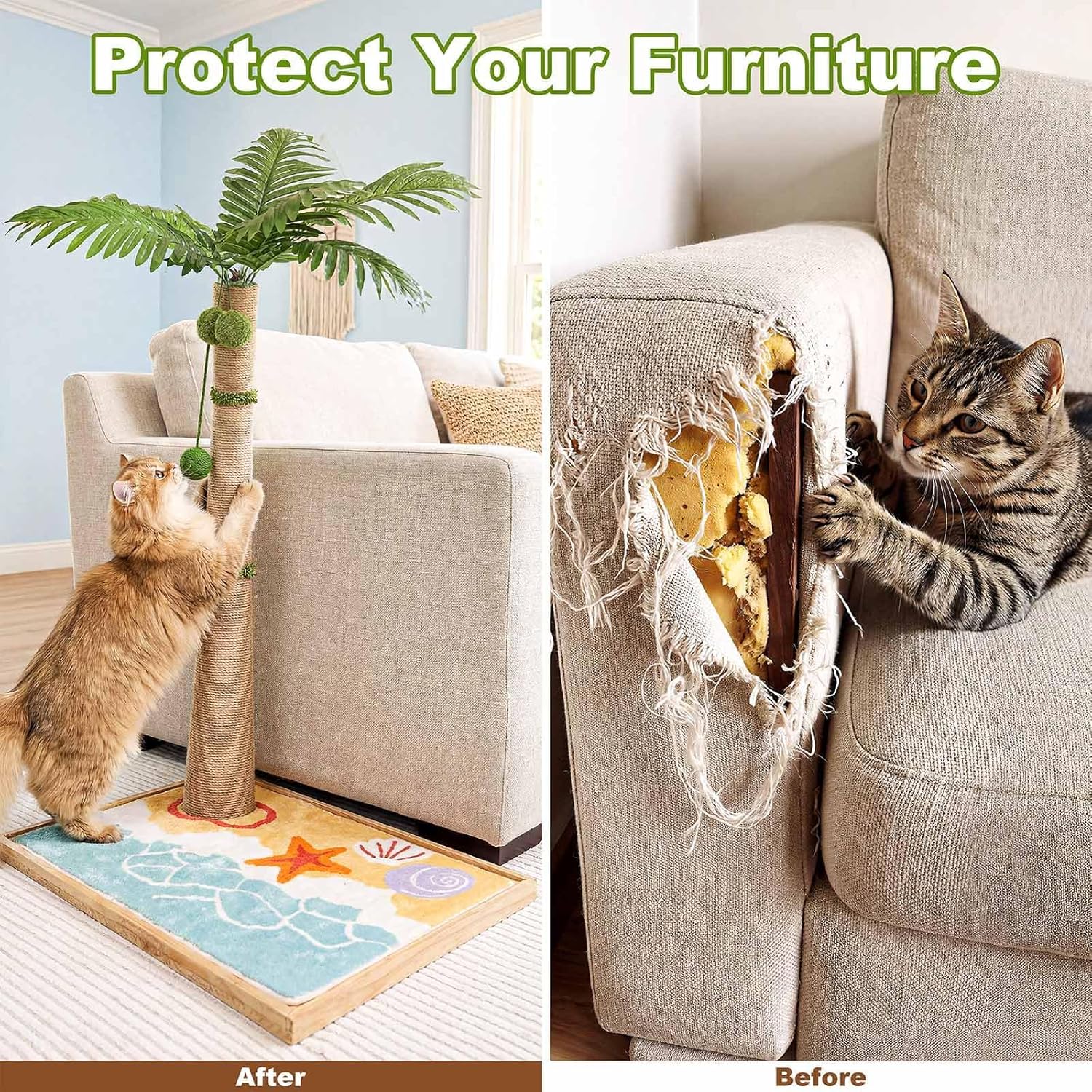 Palm Tree Cat Scratching Post, 43" Tall Carpet Cat Scratcher with Perch for Indoor Cats, Large Base Sisal Scratch Post for Adults & Kittens with Dangling Ball Toy