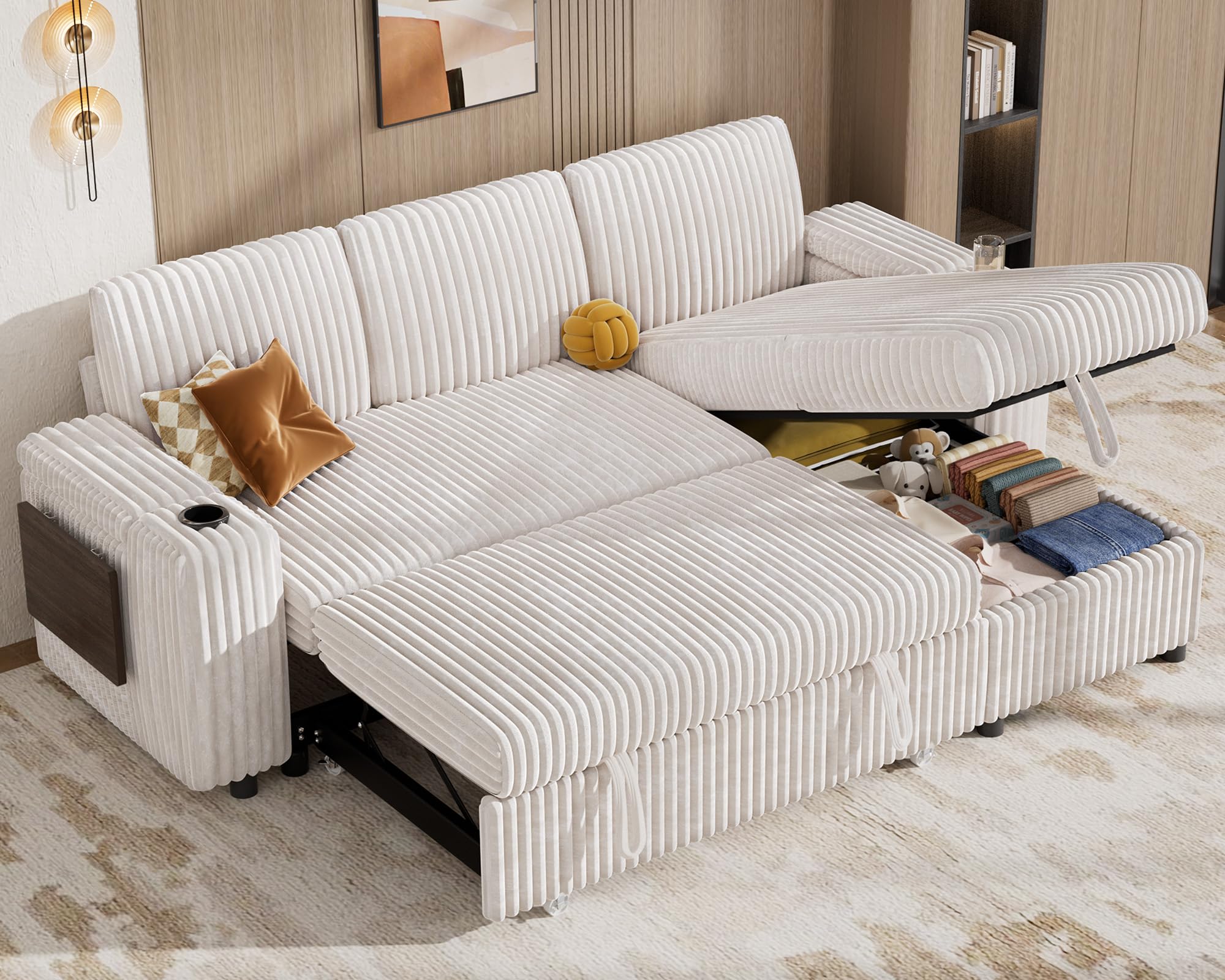 Vipbear 86" Modular Sectional Sleeper Sofa with Pull Out Bed, 3 Seat Plush Corduroy L Shaped Couch with Storage Chaise|USB Ports|Cup Holders|Side