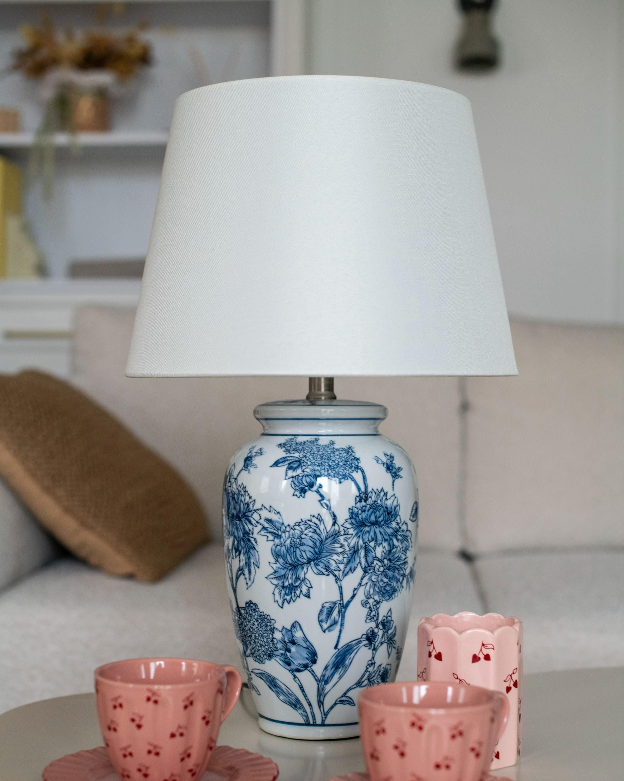 Tischlampe Porzellan blau/weiß Vasenform mit Stoffschirm Kegelform Beluso