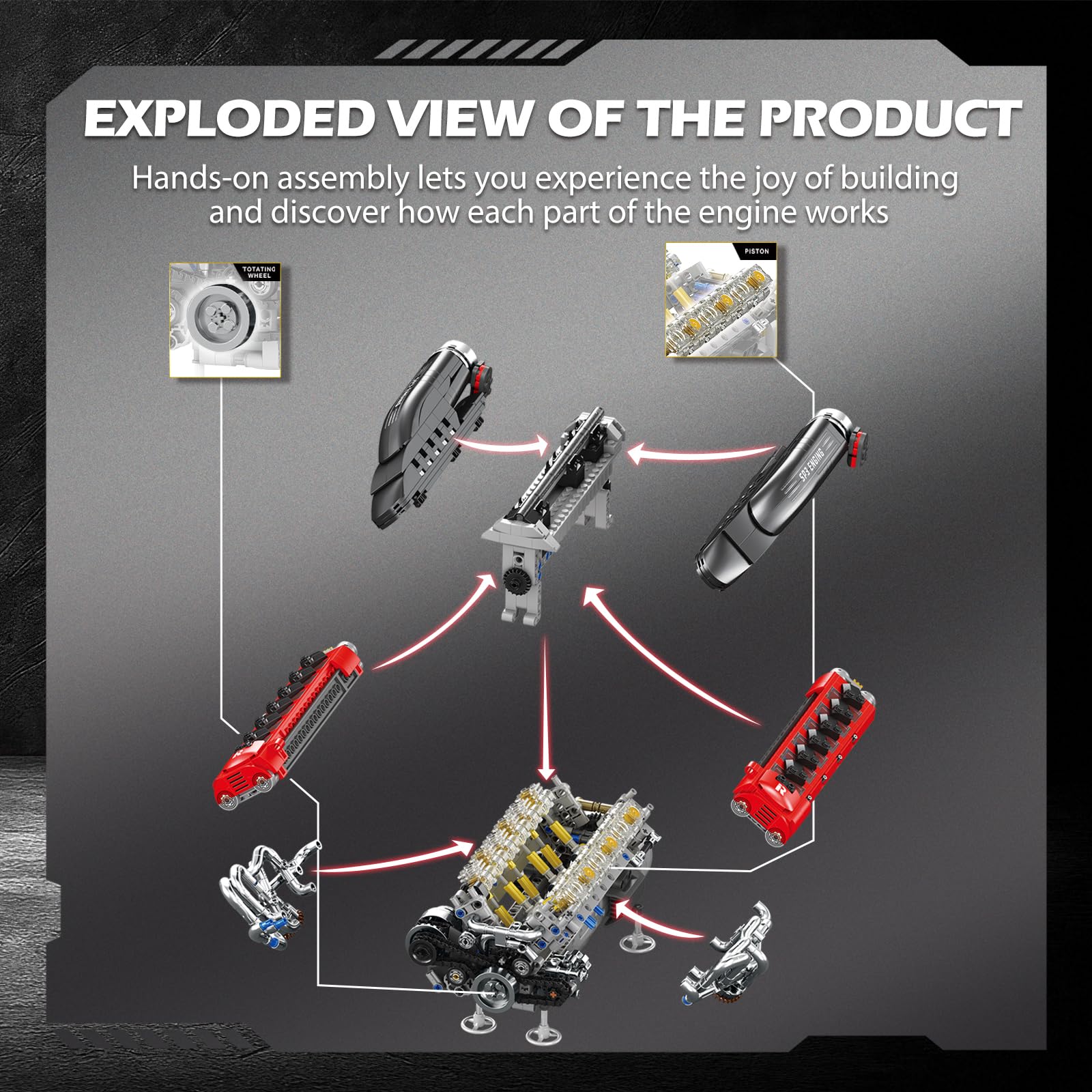 Kit di costruzione del motore V12 per adulti, 1240 pezzi, kit di modello di motore di supersport motorizzato ad angolo V di 65° con pistoni mobili, kit di assemblaggio meccanico Stem per