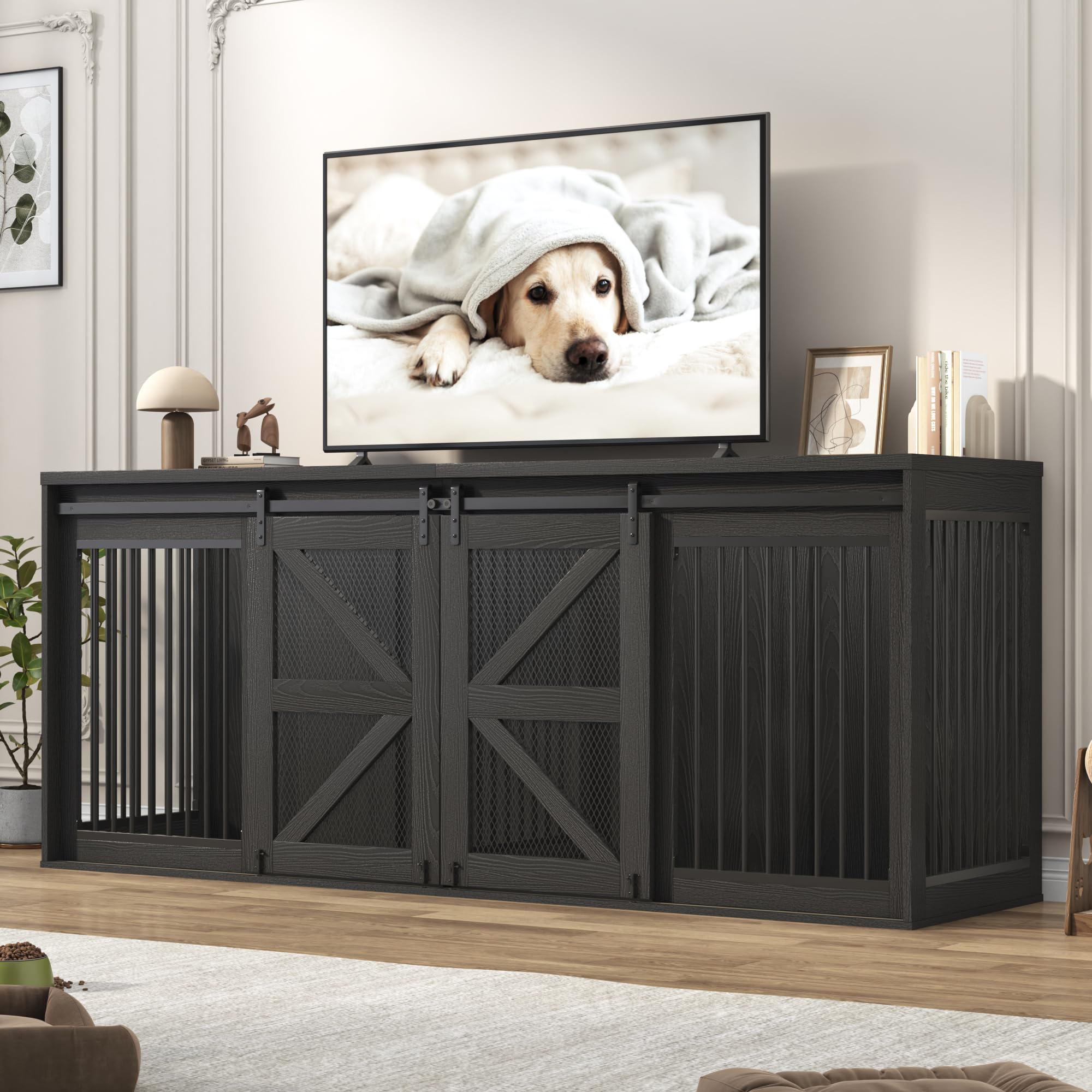 87In Farmhouse Dog Crate TV Stand, Wooden Dog Kennel Furniture with Sliding Metal Mesh Barn Door, Large Dog Crate Furniture for 2 Dogs, Solid Metal