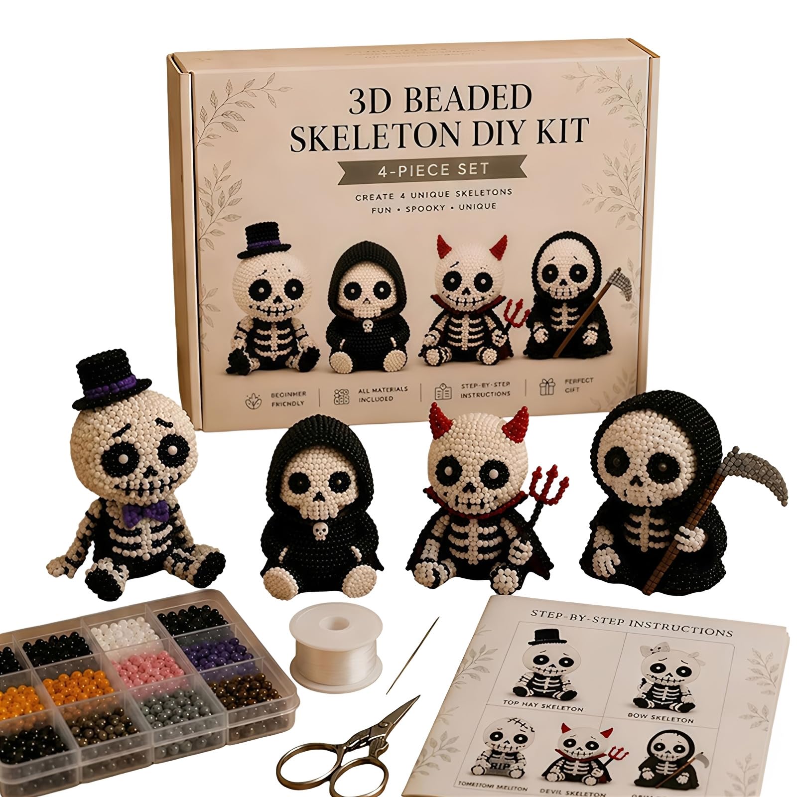 OEHUG 3D Beaded Skeleton DIY Kit,3D Beaded Skull Skeleton Craft Kit Set with Instructions,Beginner Friendly DIY Skeleton Figurines for Adults & Kids (B(Set))