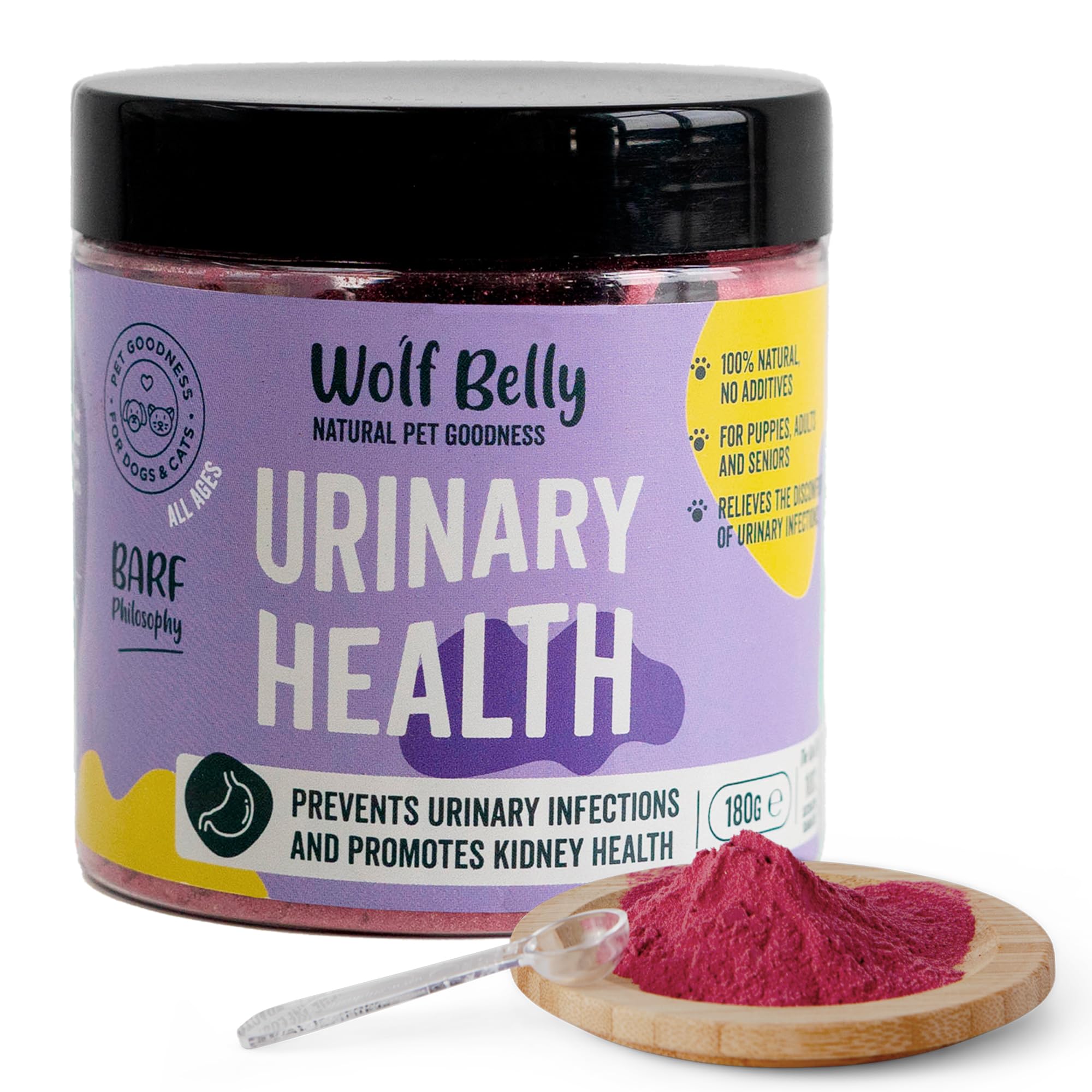 Wolf Belly - Suplemento Urinario Perro y Gato 100% Natural (180 gr) Complemento en Polvo Infección de Orina y Piedras Antiinflamatorio, Arándanos para Perros, Vitaminas para Cistitis - Urinary Health