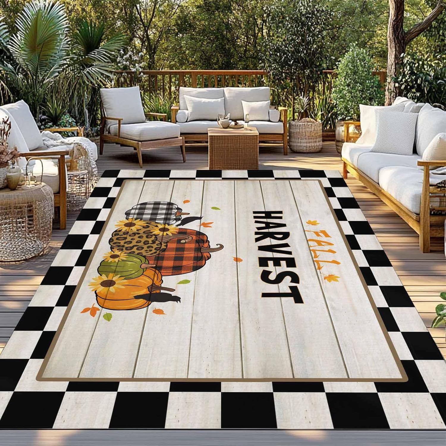 4x6 feet Outdoor Area Rug Non-Slip Carpet, Fall Harvest Pumpkins White and Black Check Plaids Absorbent Mat Low Pile Rugs for Patio, Backyard, Deck, Picnic, Beach, Trailer, Camping Decor