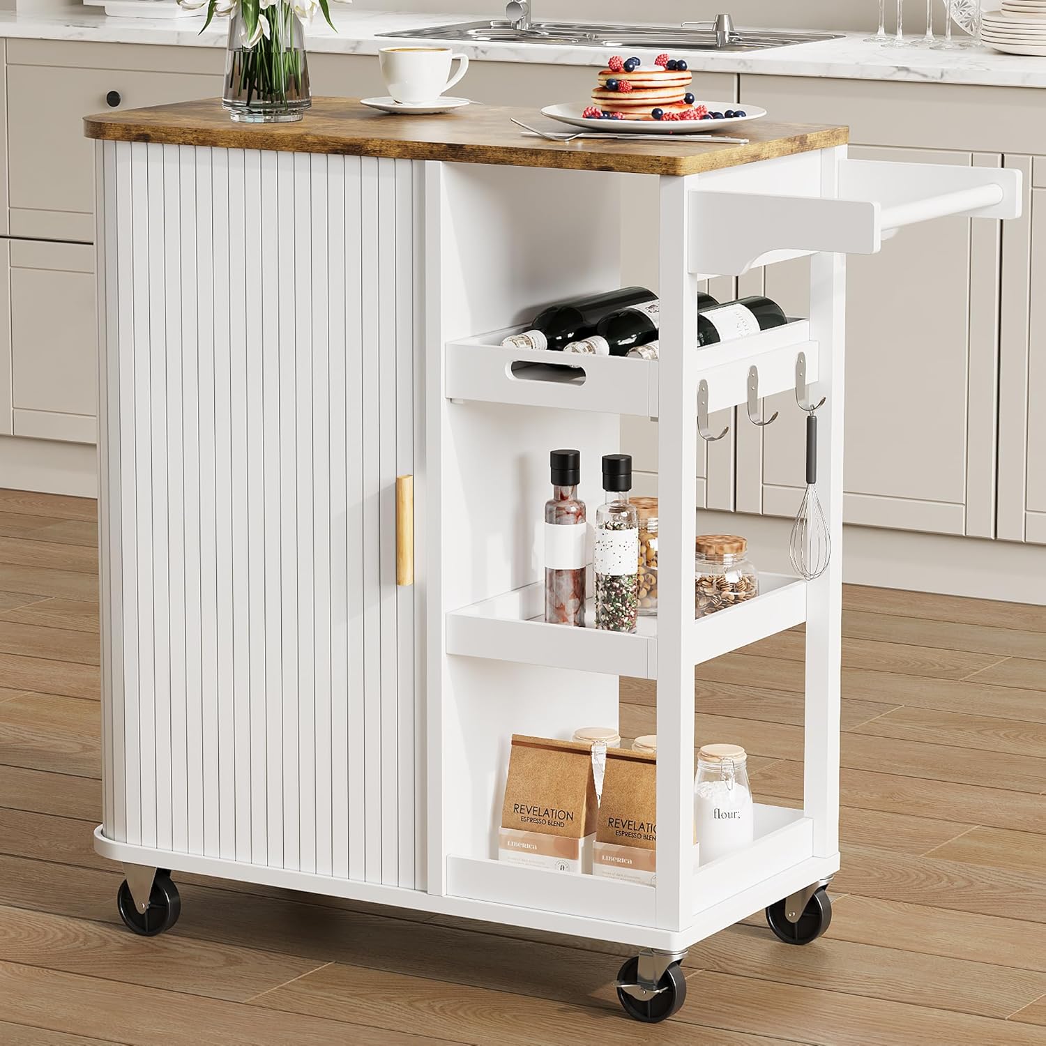 Small Rolling Kitchen Island Cart with Sliding Doors, 35.3“ Mobile Kitchen with Storage, Adjustable Height Shelves, Locking Casters Storage Island Table for Kitchen, Living Room, Dining Room（White）