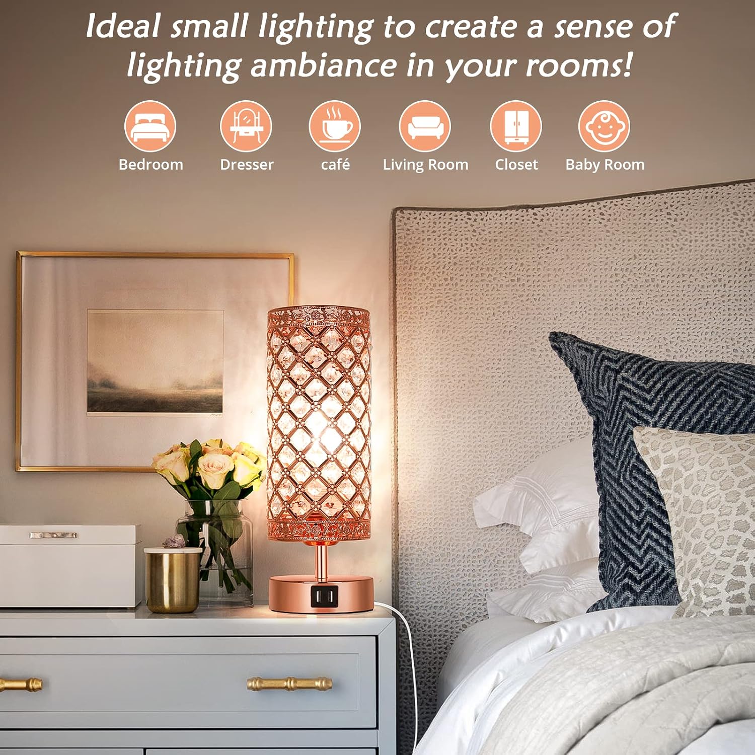 Crystal Touch Control Table Lamp, 2-Pack Rose Gold Dimmable K9 Crystal Bedside Nightstand Lamps with USB Charging Ports, Small Pink Decorative Night Lights for Bedroom Living Room, 4000K White Bulb