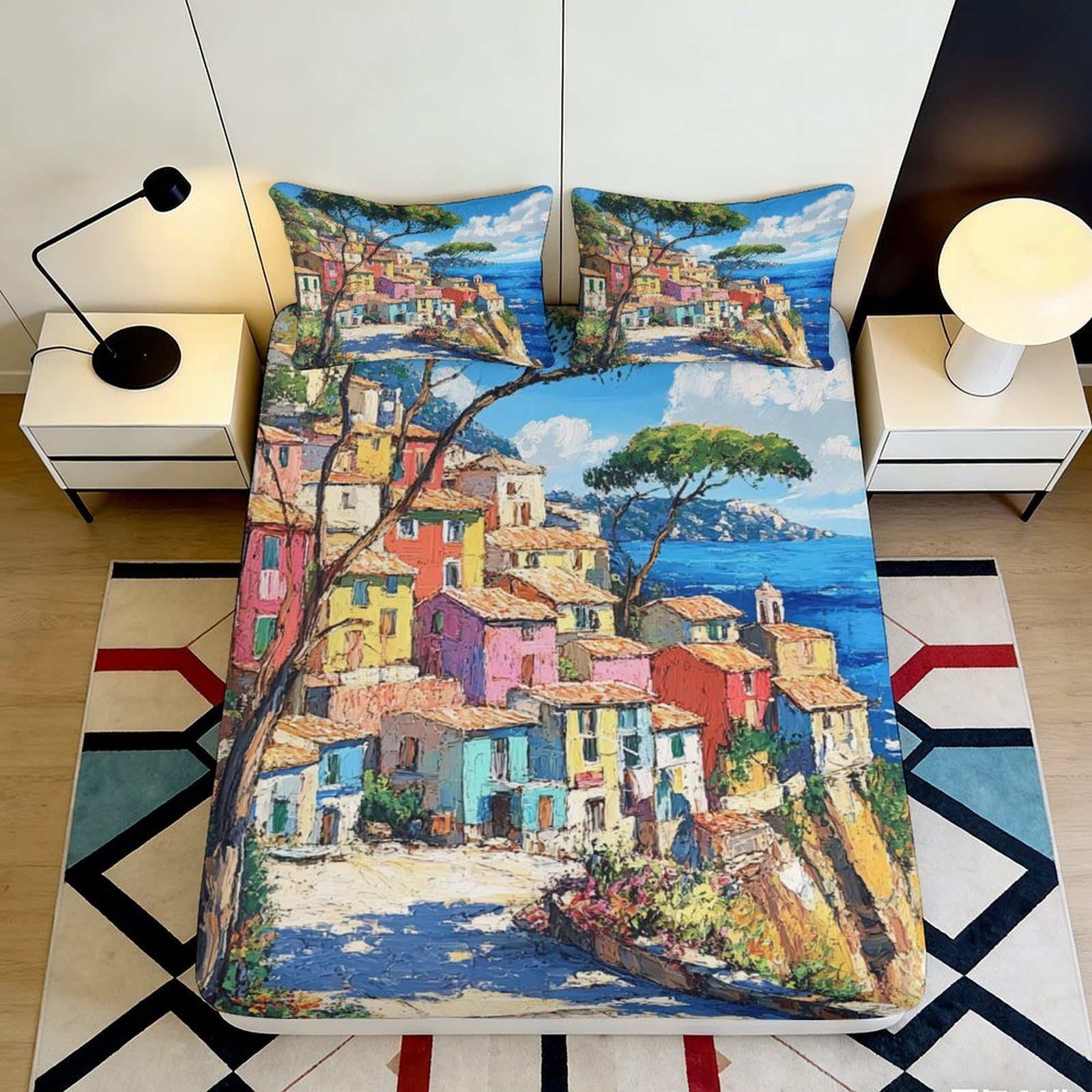 3D Printed Mediterranean Coast Fitted Sheet Microfiber Soft Colorful Village Mattress Cover for Bedroom Decor 90x200x25cm