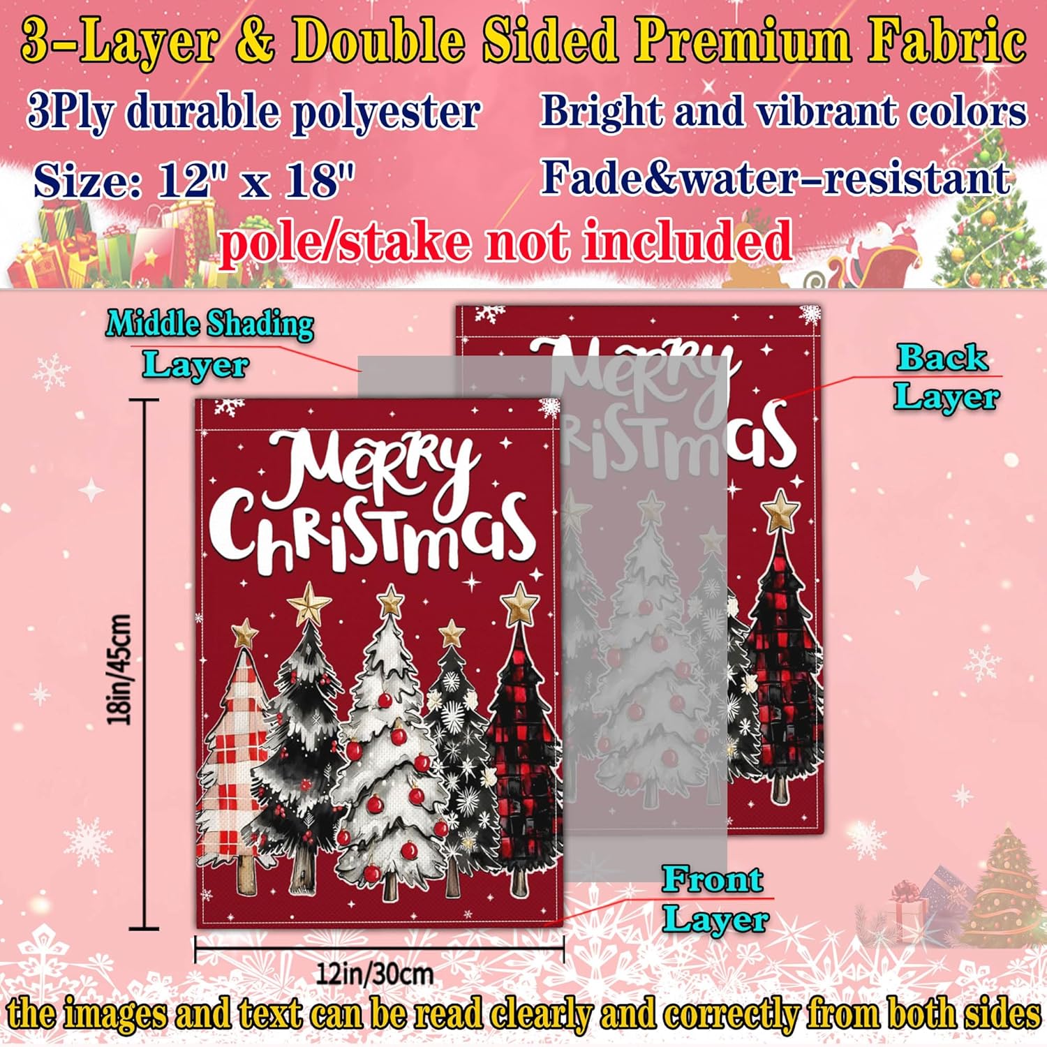 NASIAN Merry Christmas Tree Garden Flags for Outside 12x18 Double Sided Christmas Decorations Outdoor Garden Flag Winter Xmas Holiday House Yard Signs Decor - Image 4