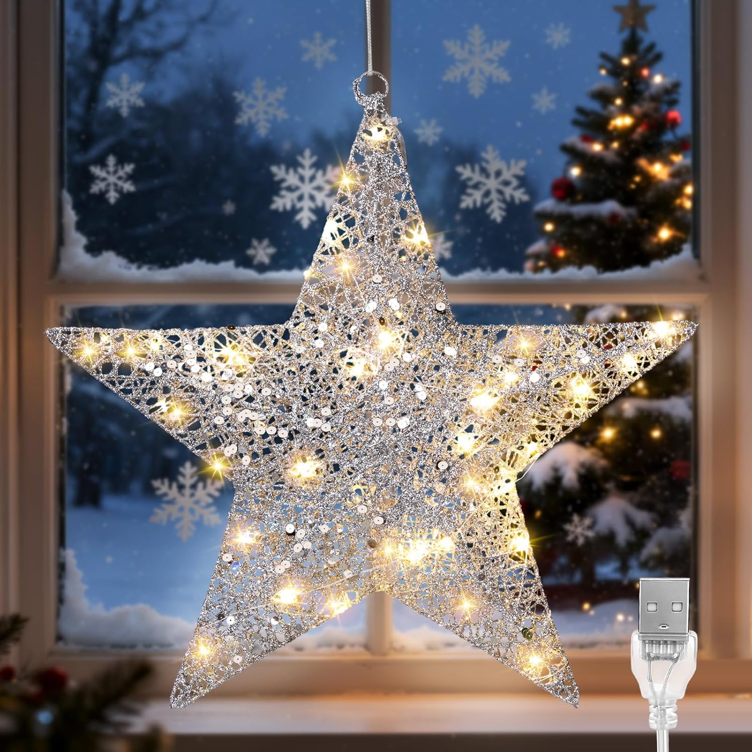 Retisee Silver Hanging Outdoor Christmas Star Light, 20 Inches LED Lights for Christmas Decorative Window Hanging Ornament, Lantern Star Lamp for Indoor Outdoor Holiday Decorative Ornament Silver 20 inches